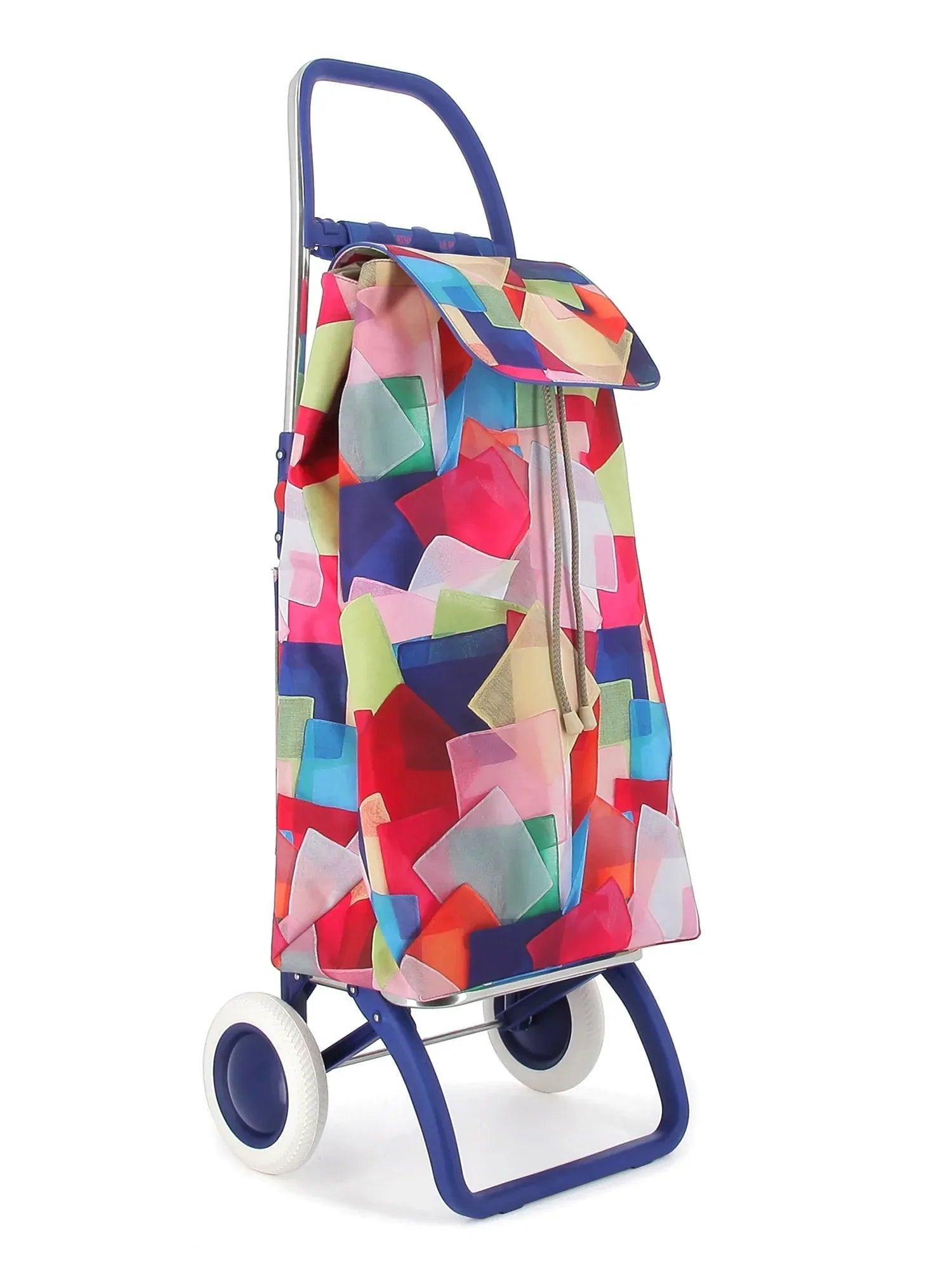Carro cubos plegable de 2 ruedas con asa azul y bolsa estampada geométrica
