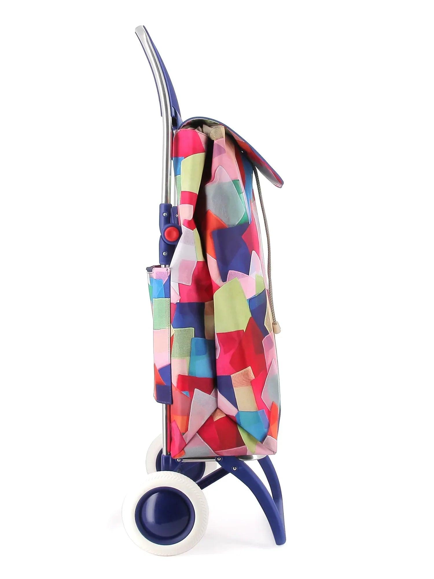 Carro plegable con dos ruedas, funda multicolor geométrica y asa metálica