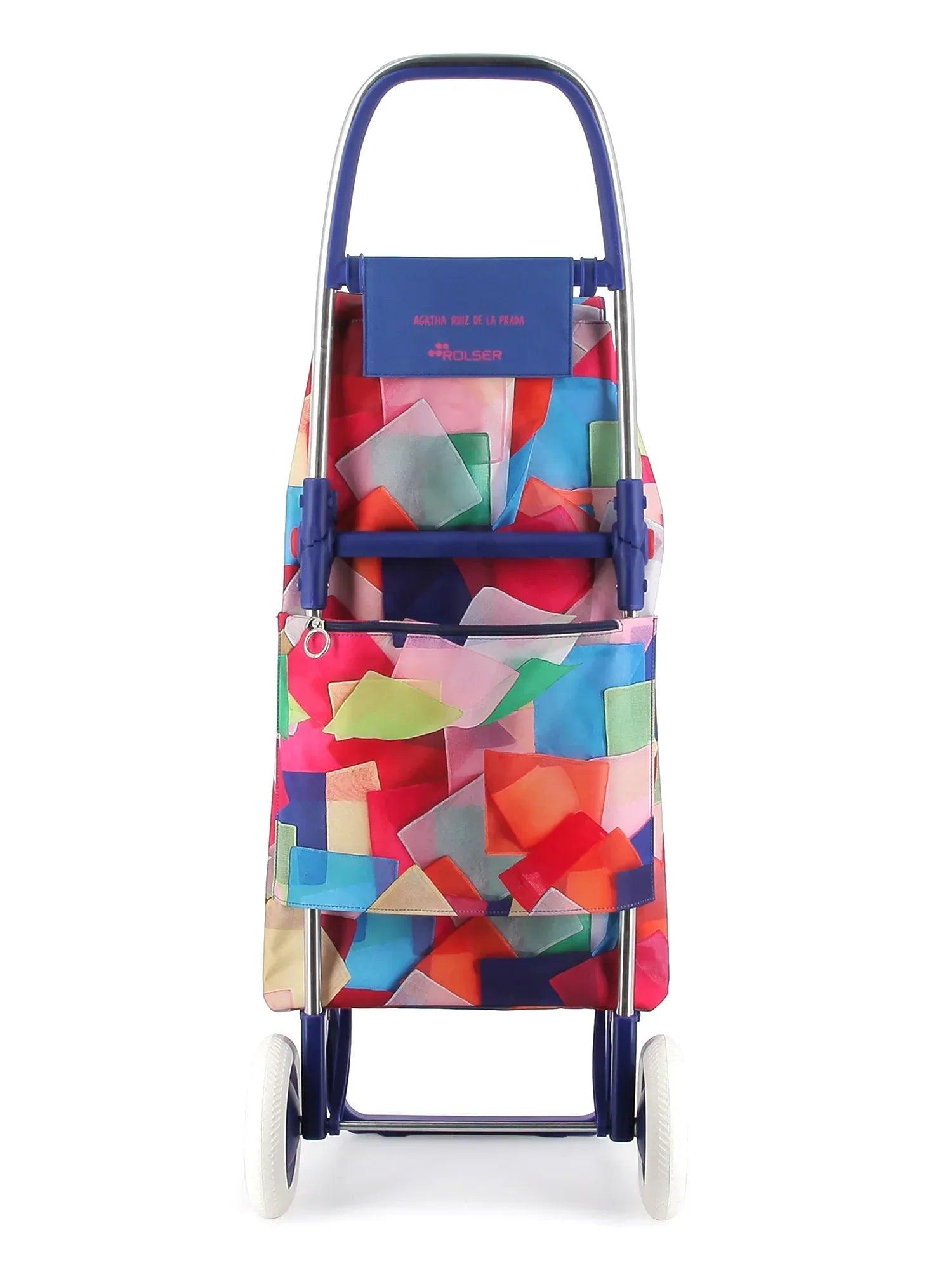 Carro plegable de dos ruedas con funda multicolor geométrica y bolsillo trasero