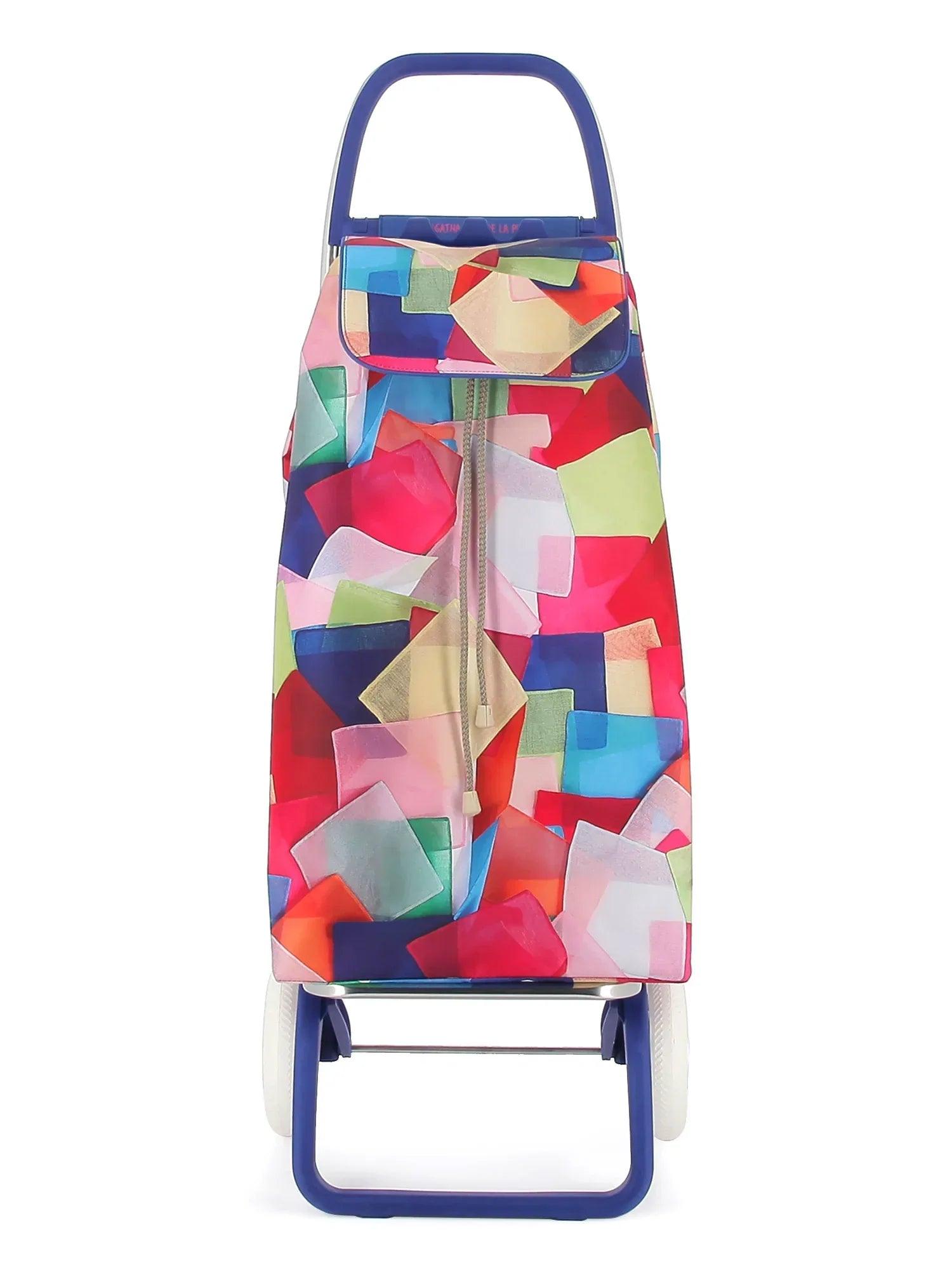 Carro plegable de dos ruedas con funda multicolor geométrica y base azul