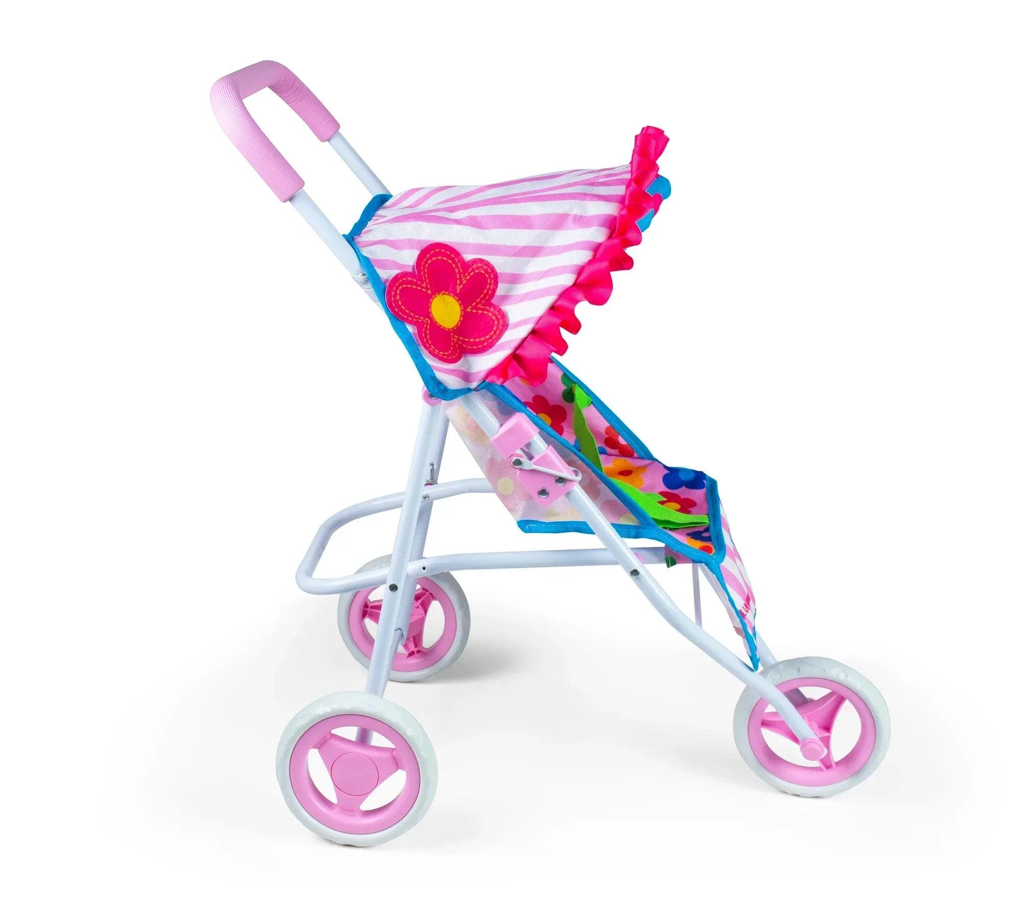 Cochecito de muñecas Agatha Ruiz de la Prada, rayas rosas y volante fucsia