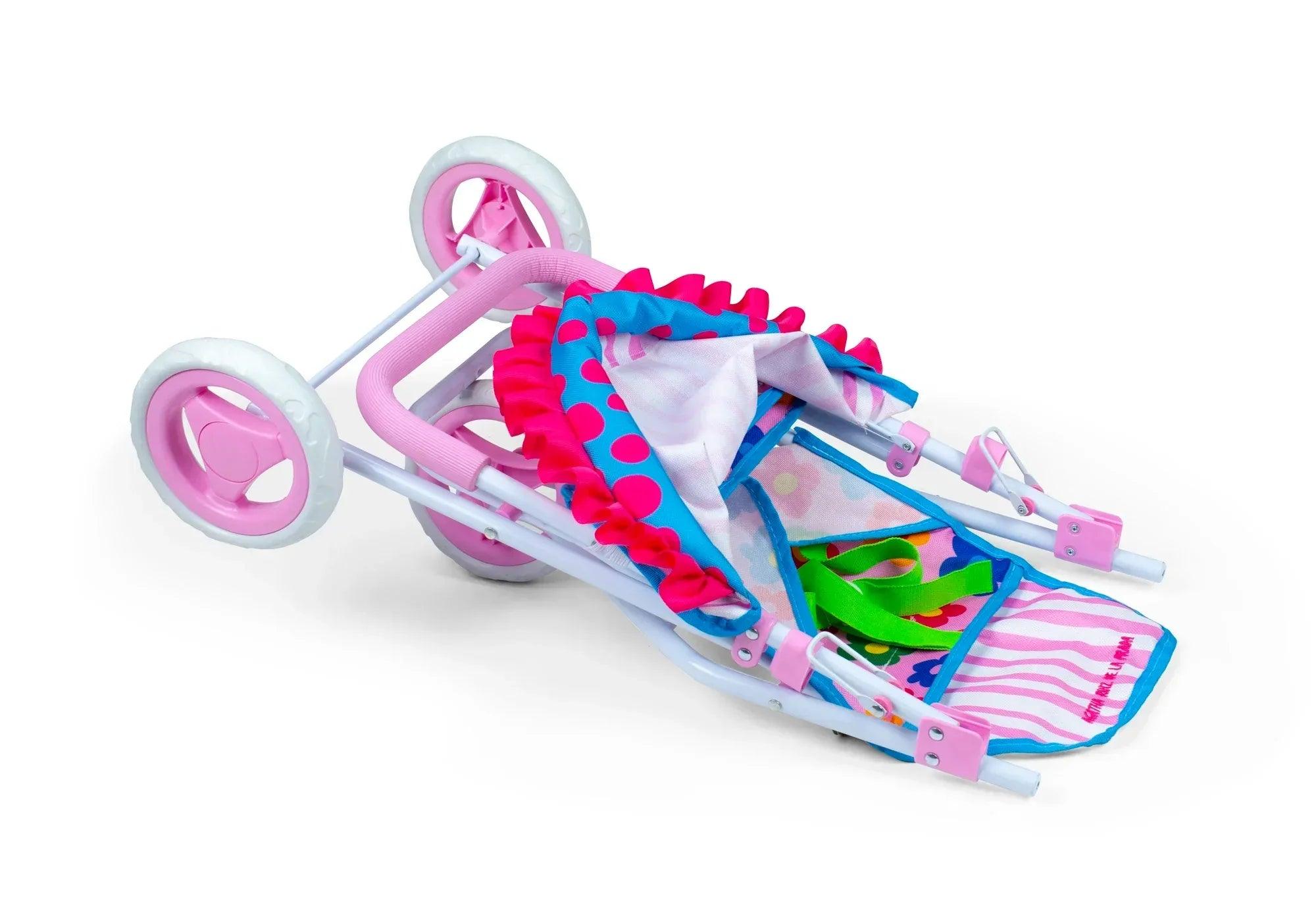Carrito de muñecas Agatha Ruiz de la Prada, vista trasera con estampado de flores y rayas