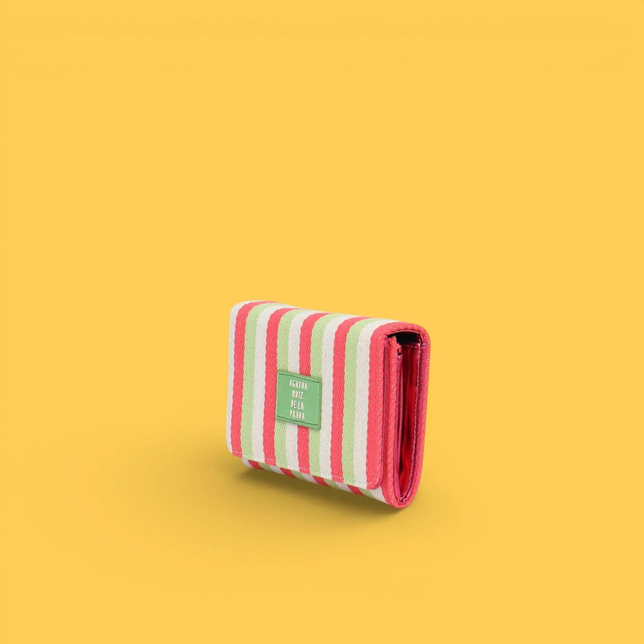 Monedero de lona a rayas rosa y blanco con borde interior fucsia