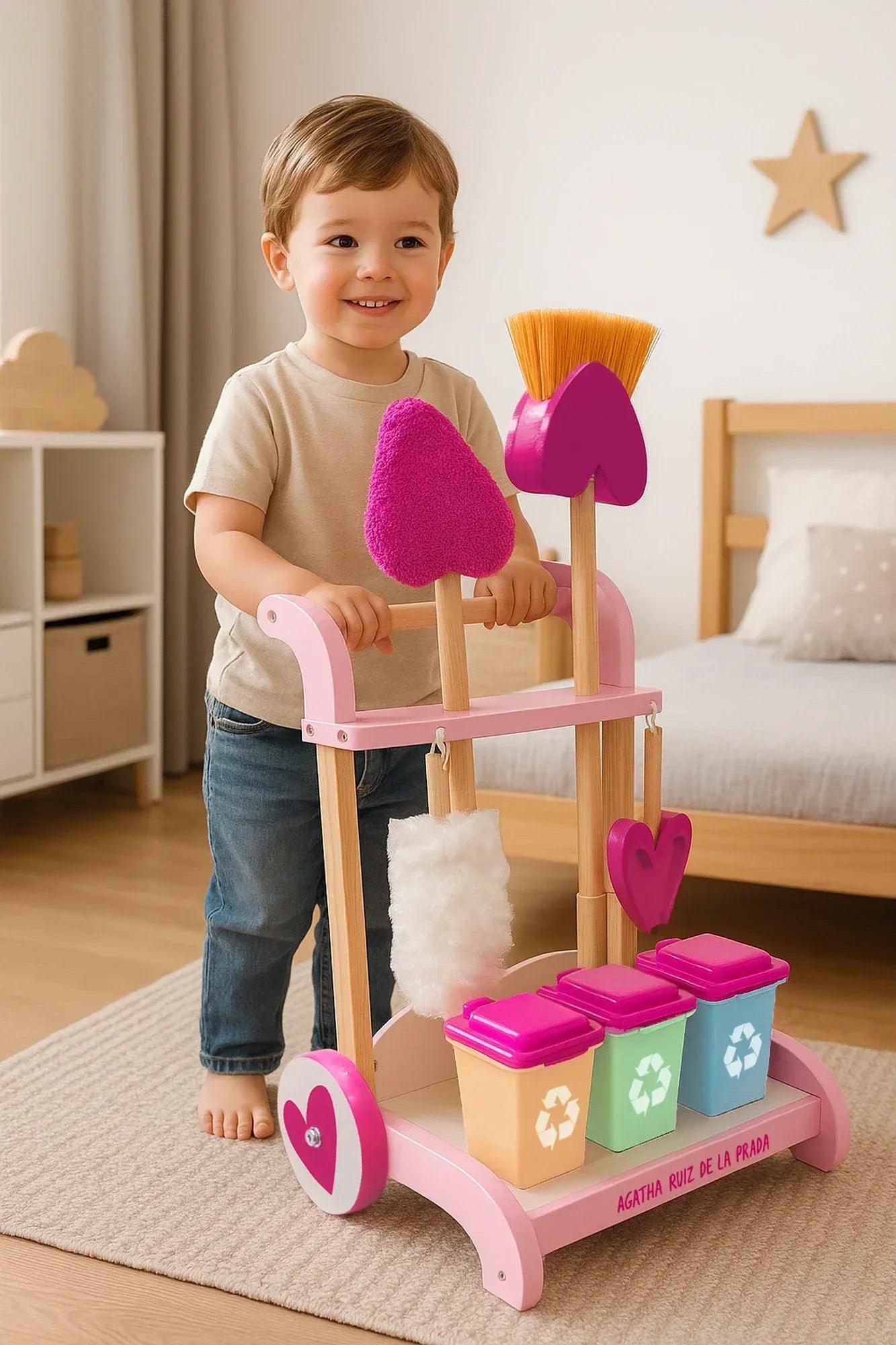 Carrito de limpieza infantil de madera con cepillos y contenedores de reciclaje multicolor