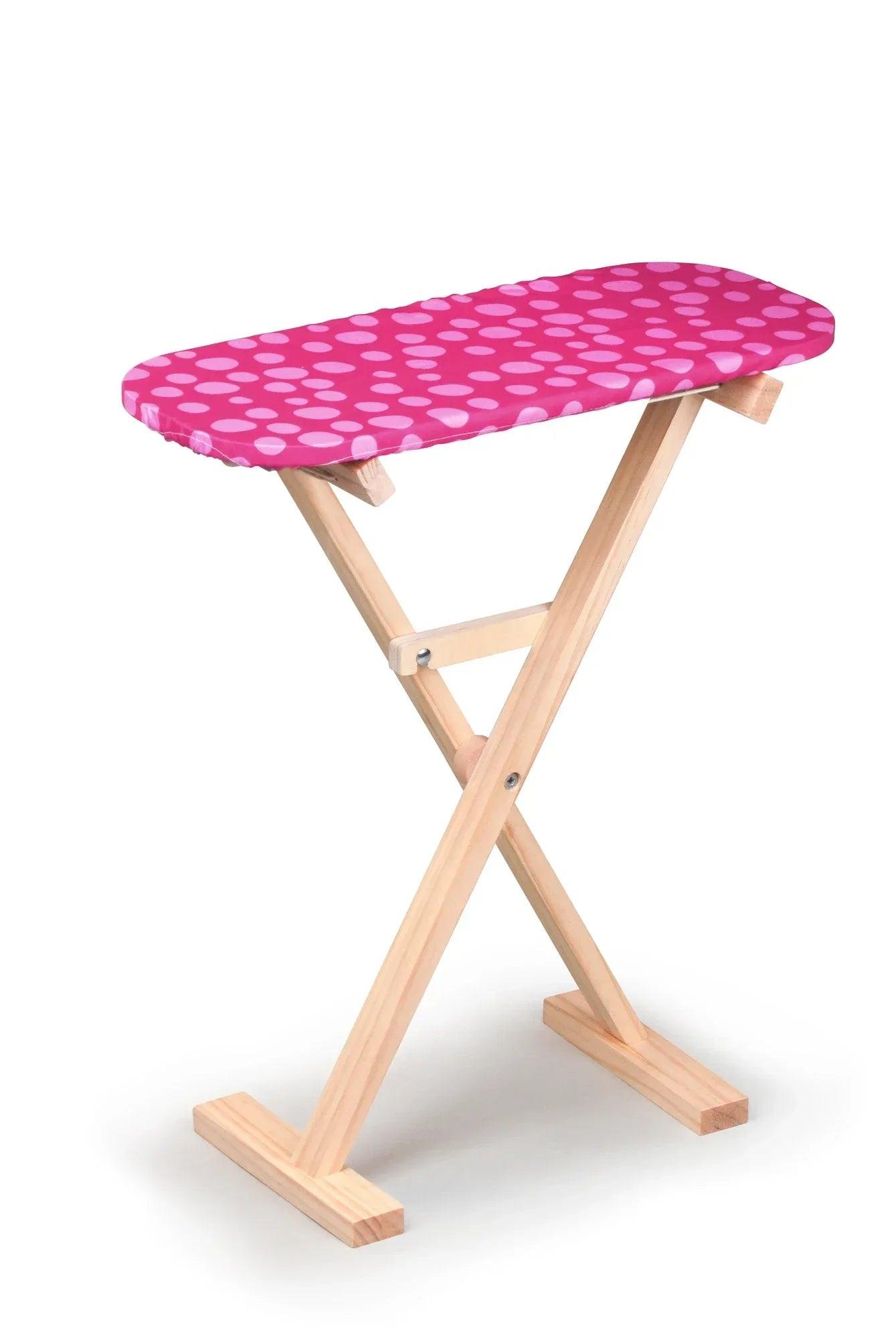 Tabla de planchar infantil de madera con funda rosa de lunares y base plegable