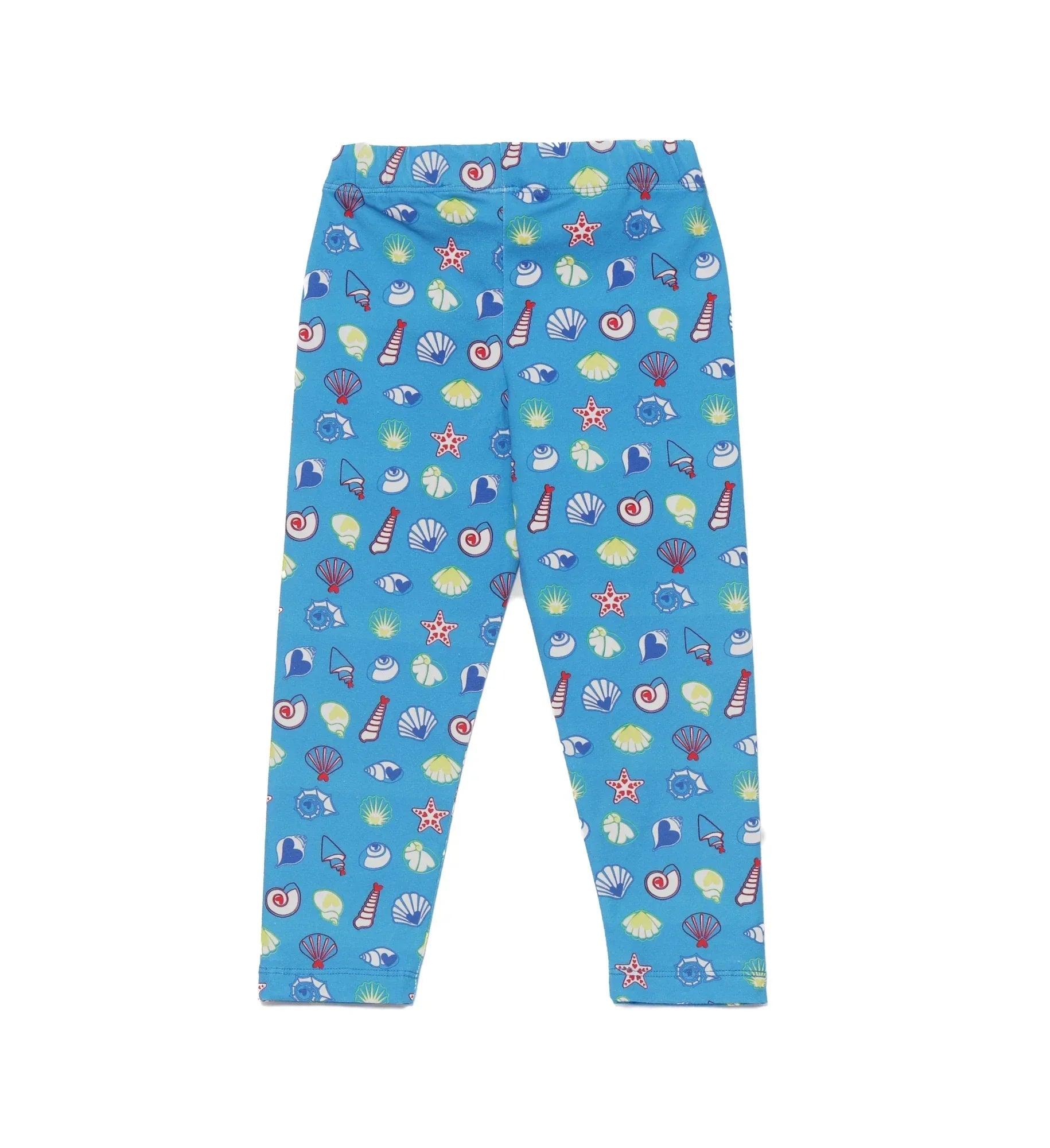 Leggings azules de cintura elástica con estampado de conchas, pierna completa