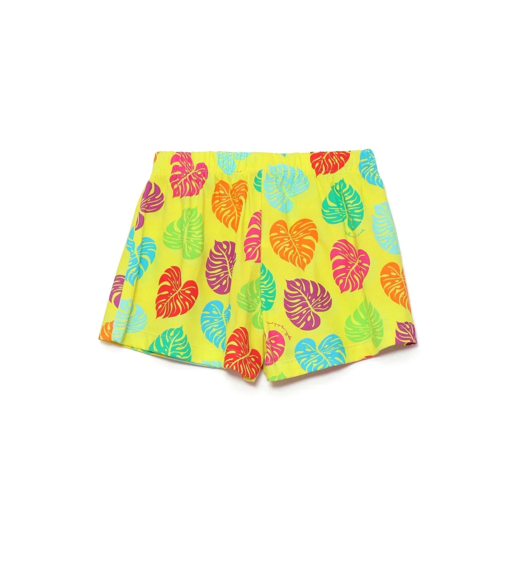 Short hawaiano amarillo con estampado de hojas tropicales multicolor