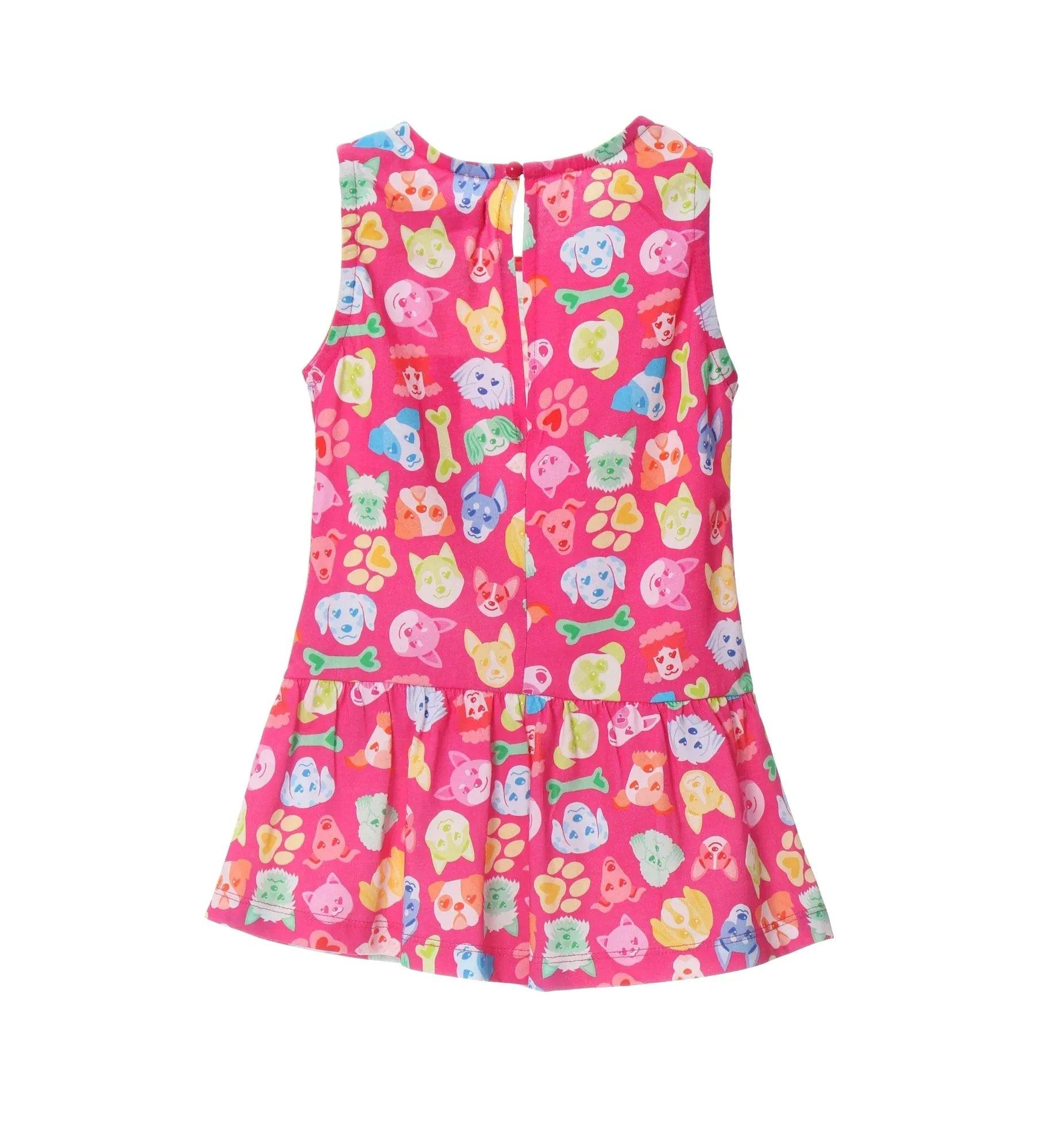 Vestido sin mangas fucsia con perritos y estampado multicolor