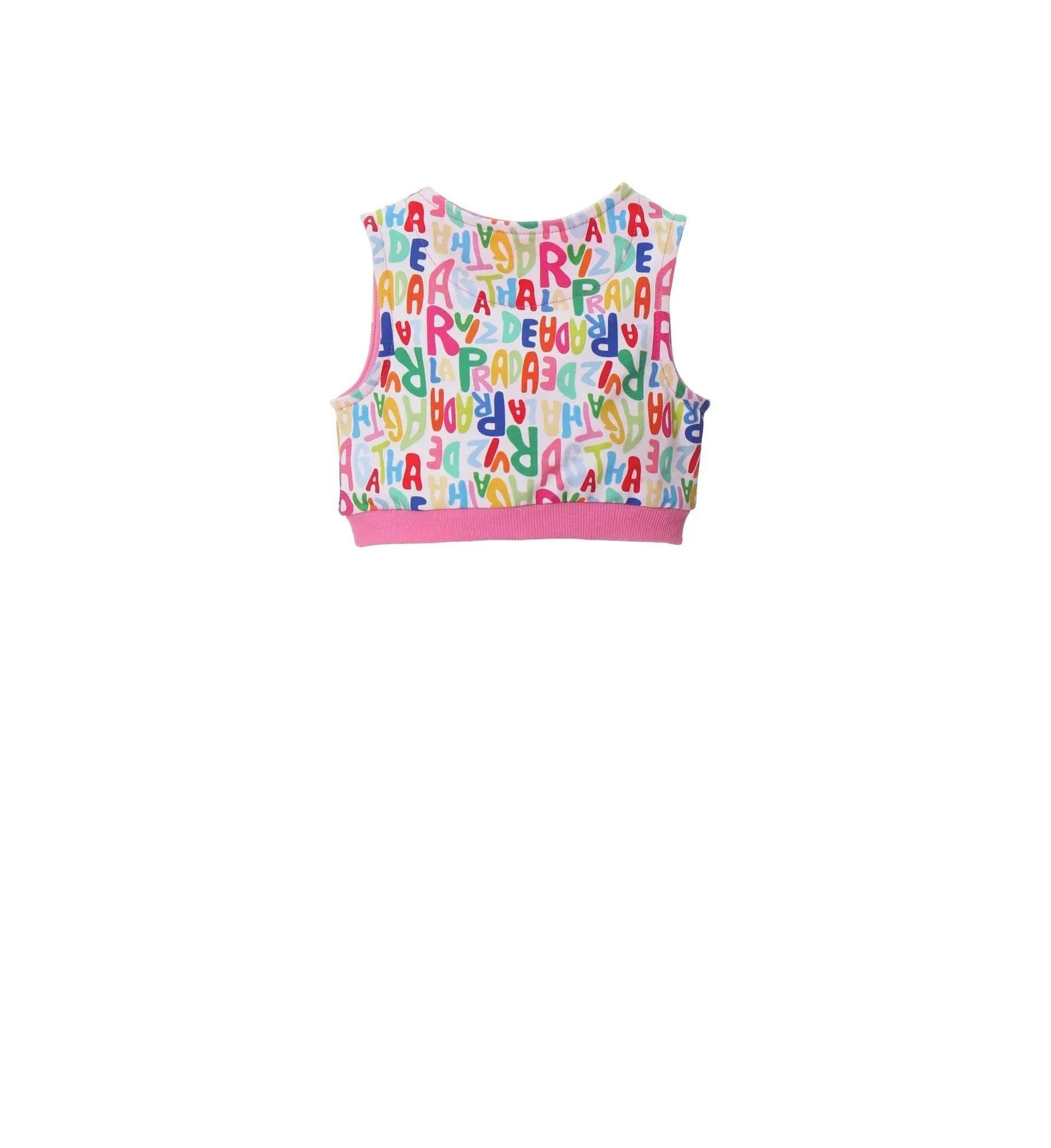 Top camiseta sin mangas parte trasera de letras multicolor con ribete rosa