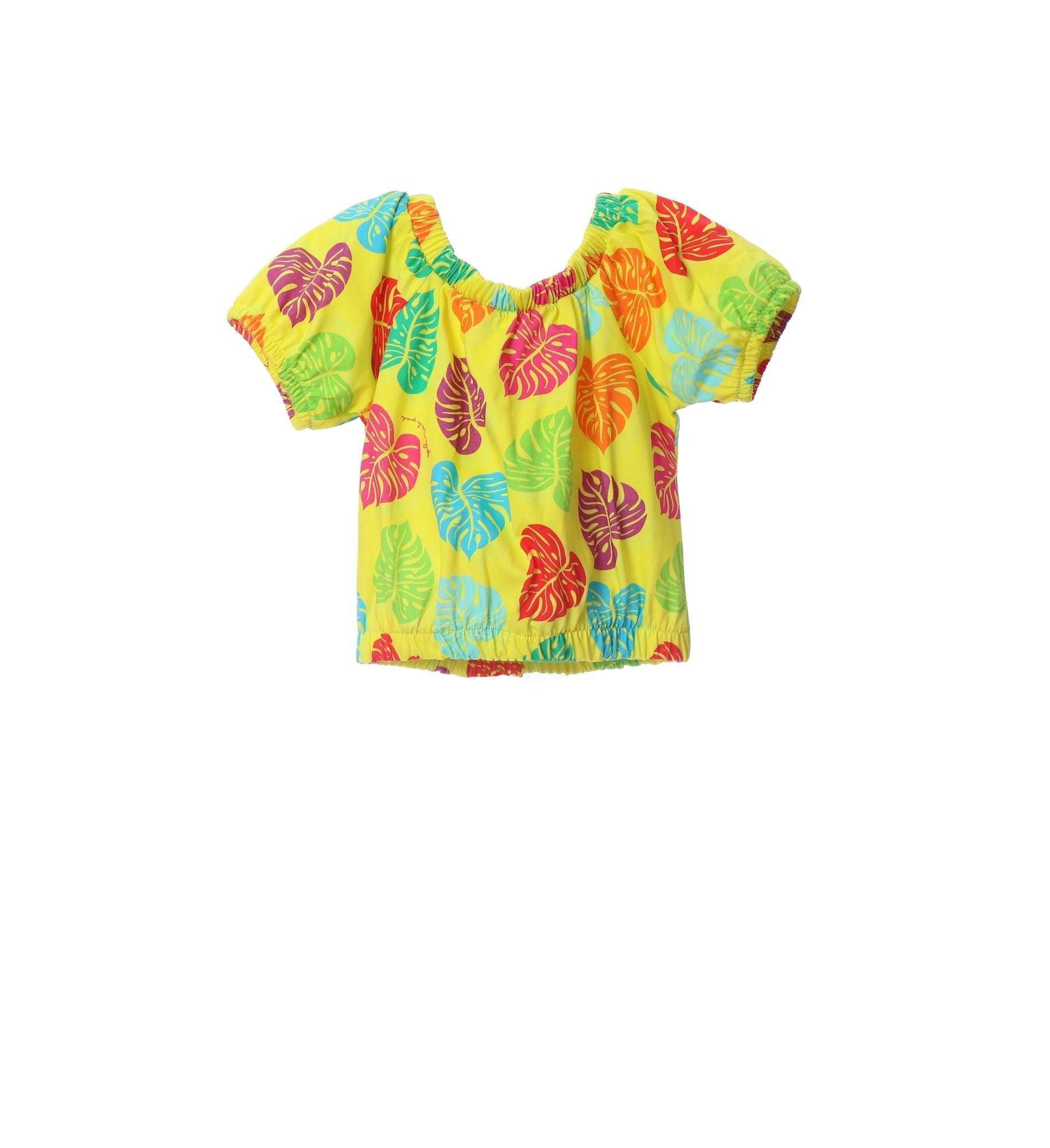 Camiseta hawaiana infantil multicolor con estampado de hojas y escote elástico