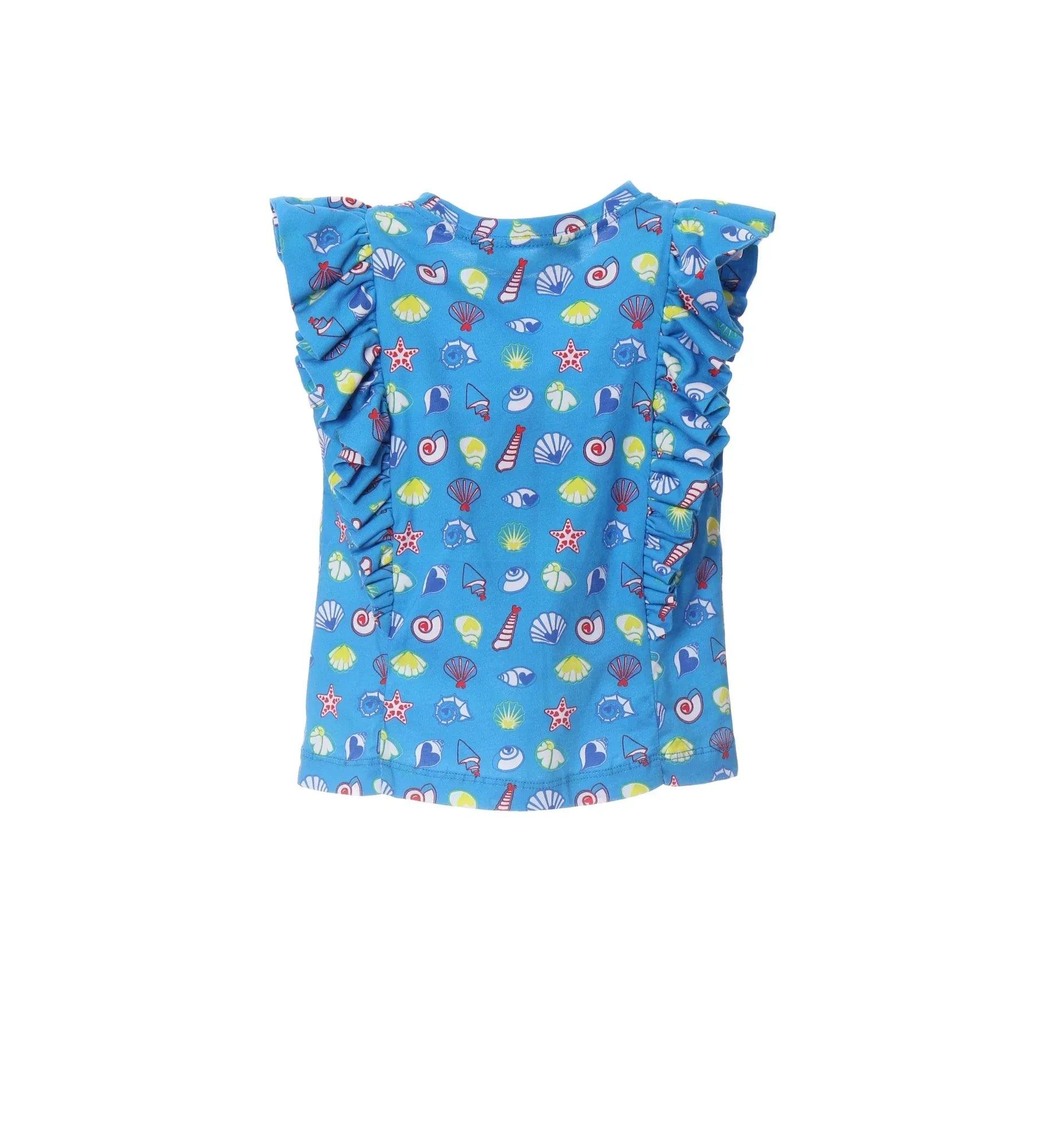 Camiseta azul estampada con conchas y estrellas de mar, cuello redondo