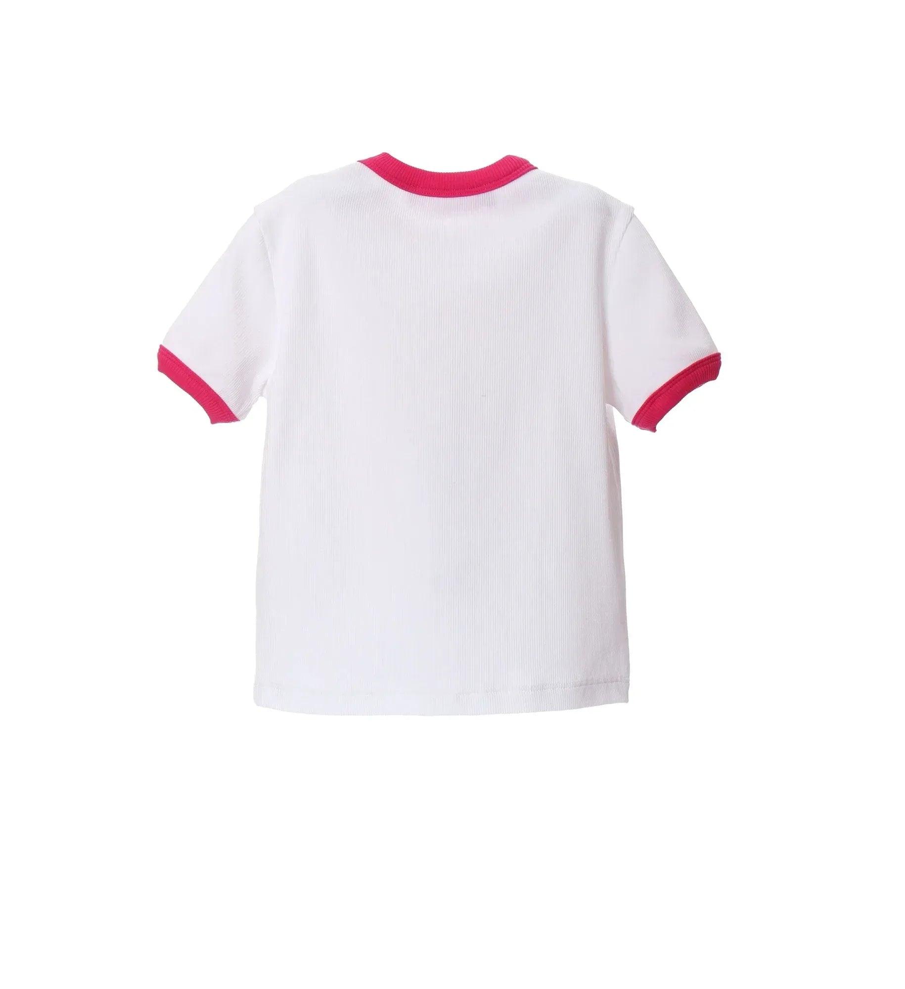 Camiseta infantil blanca lisa con ribete fucsia en cuello y mangas