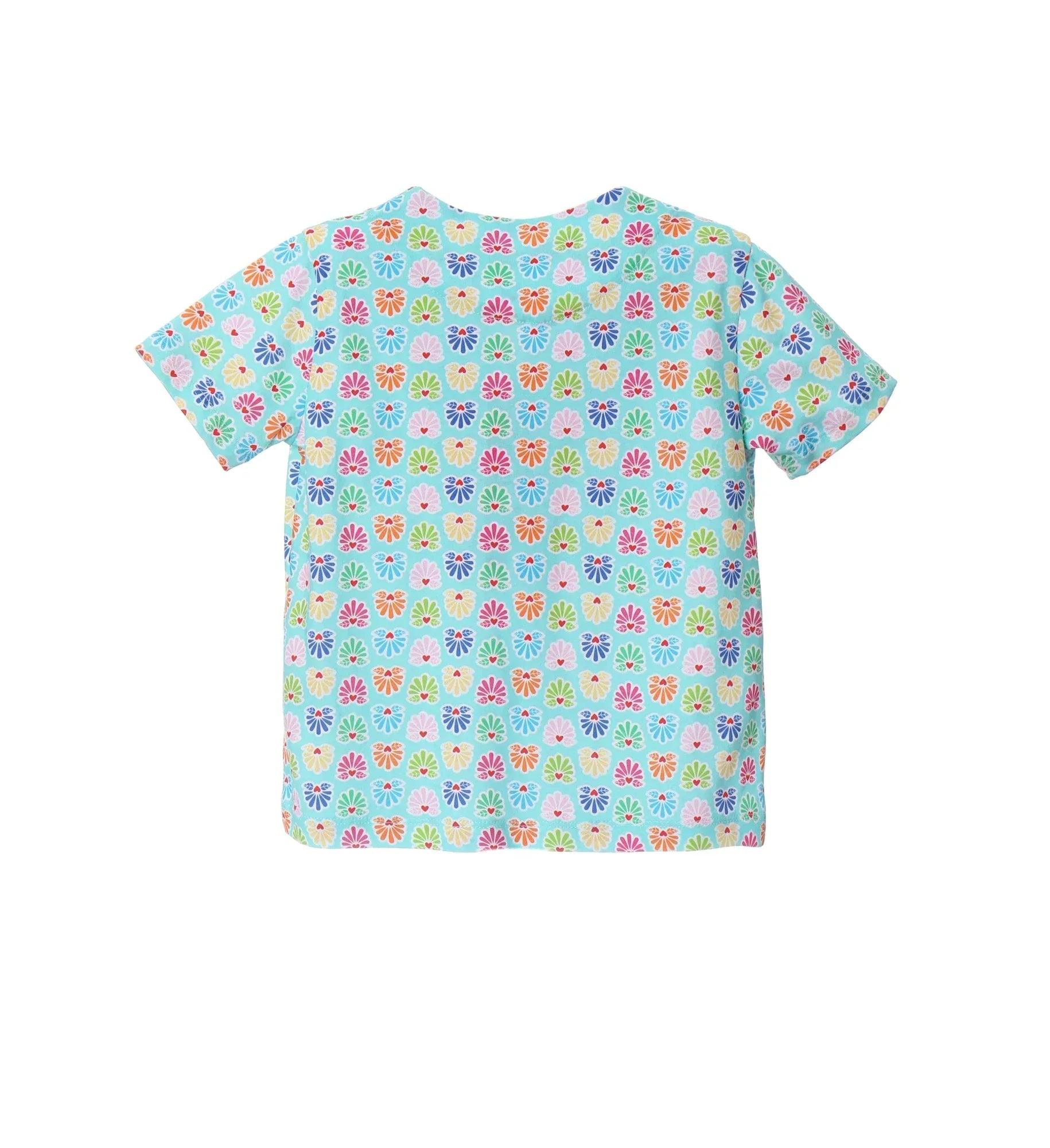 Camiseta turquesa estampada multicolor, vista trasera