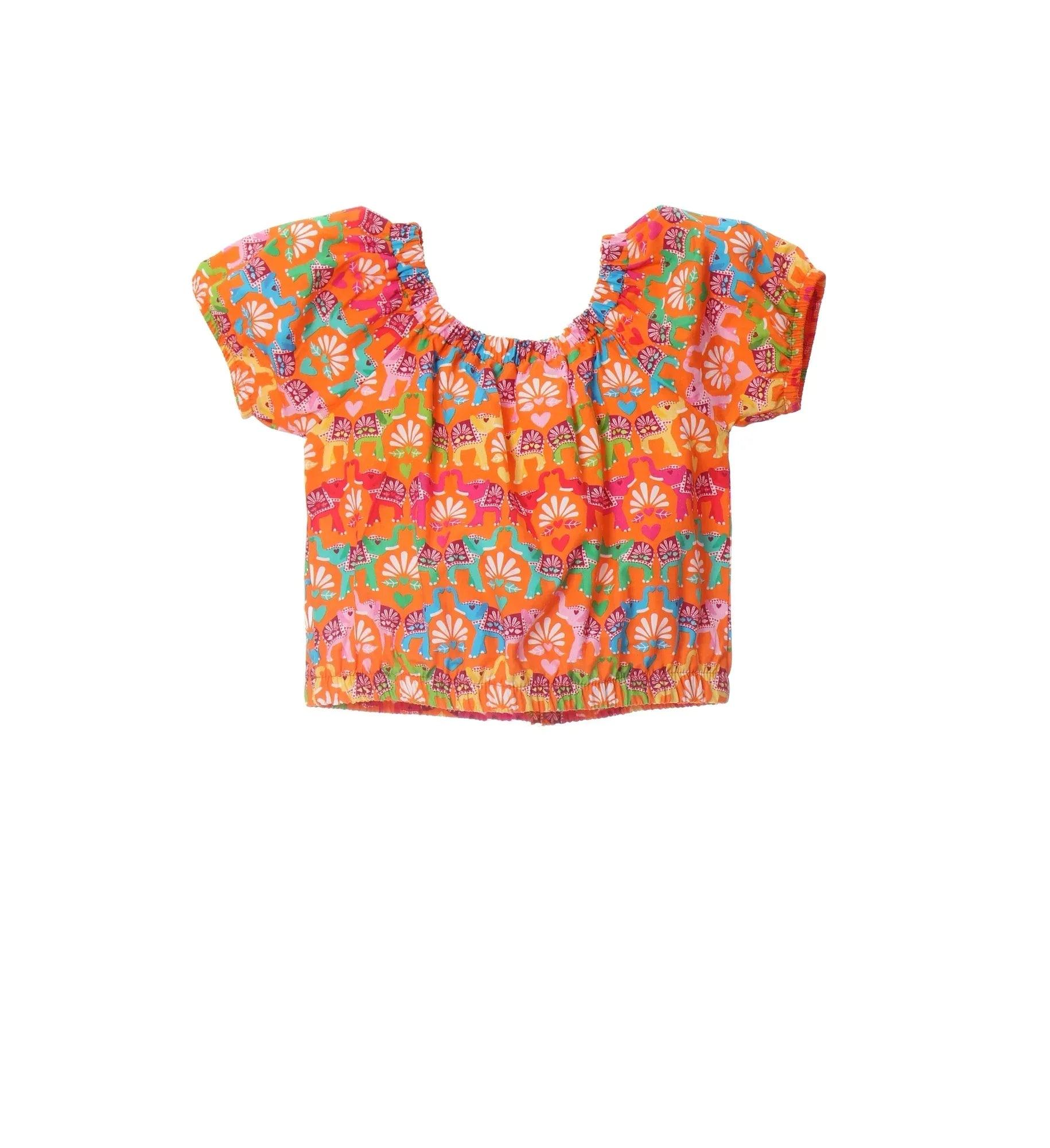 Camiseta GOA estampada con mangas abullonadas y cintura fruncida, fondo naranja