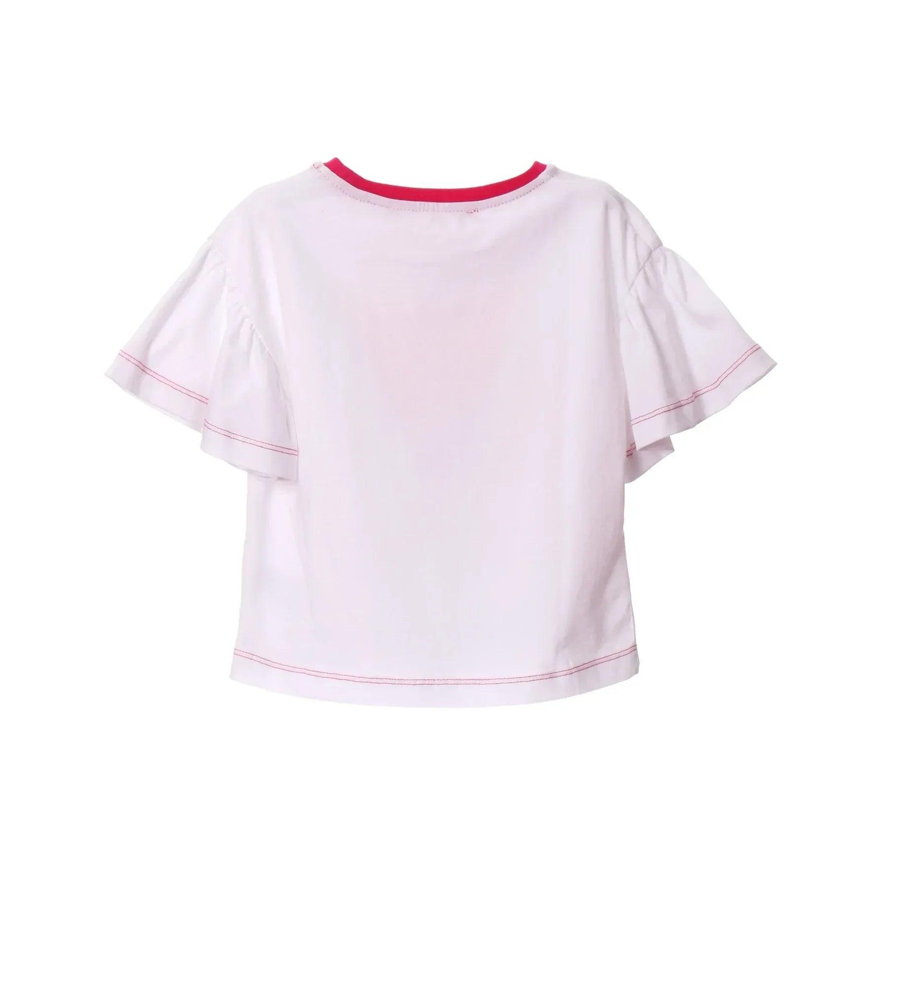 Camiseta blanca lisa con cuello rojo y costuras rosadas en los bordes