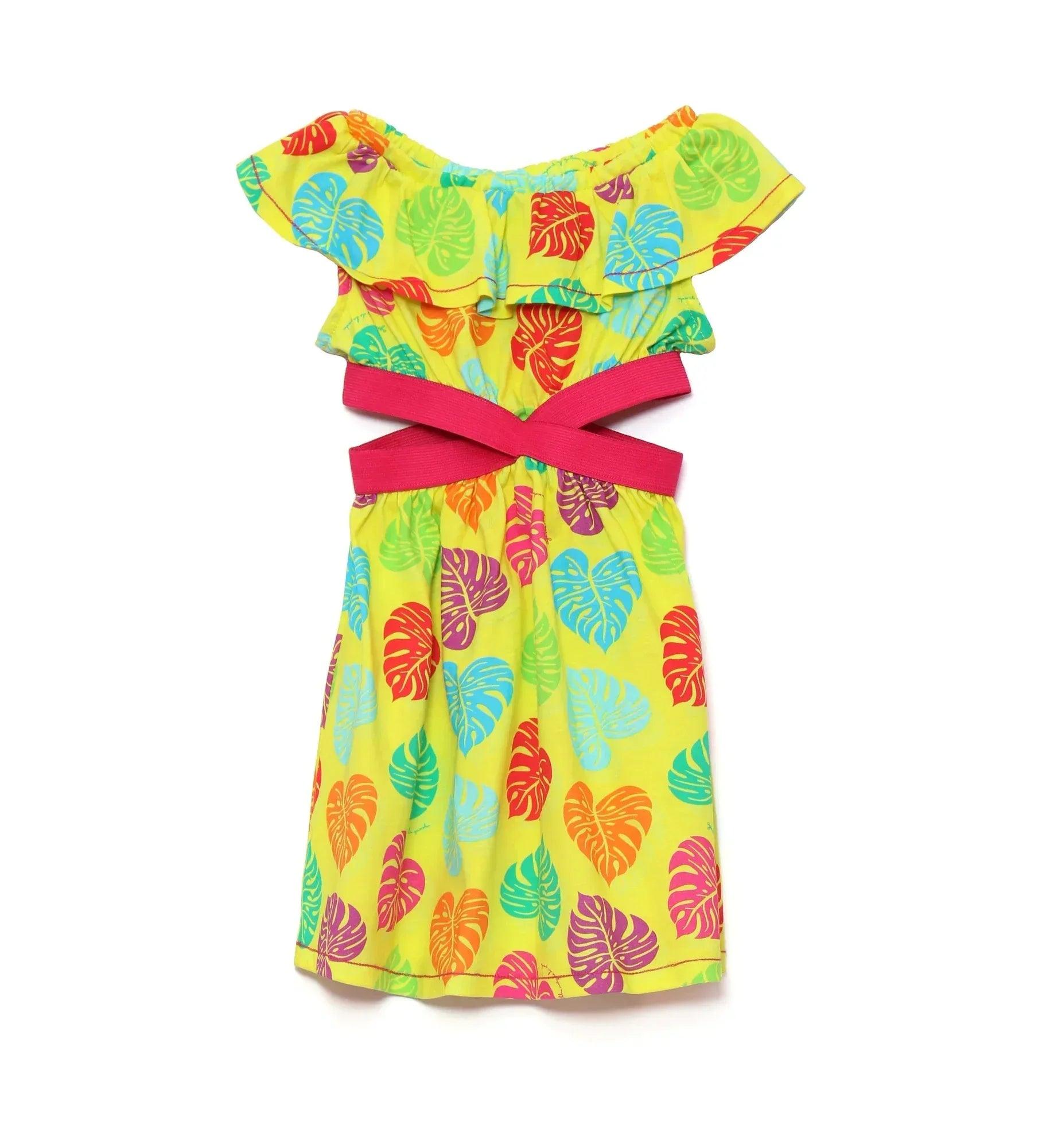 Vestido hawaiano con escote off-shoulder y volante, estampado hojas, banda cruzada lateral