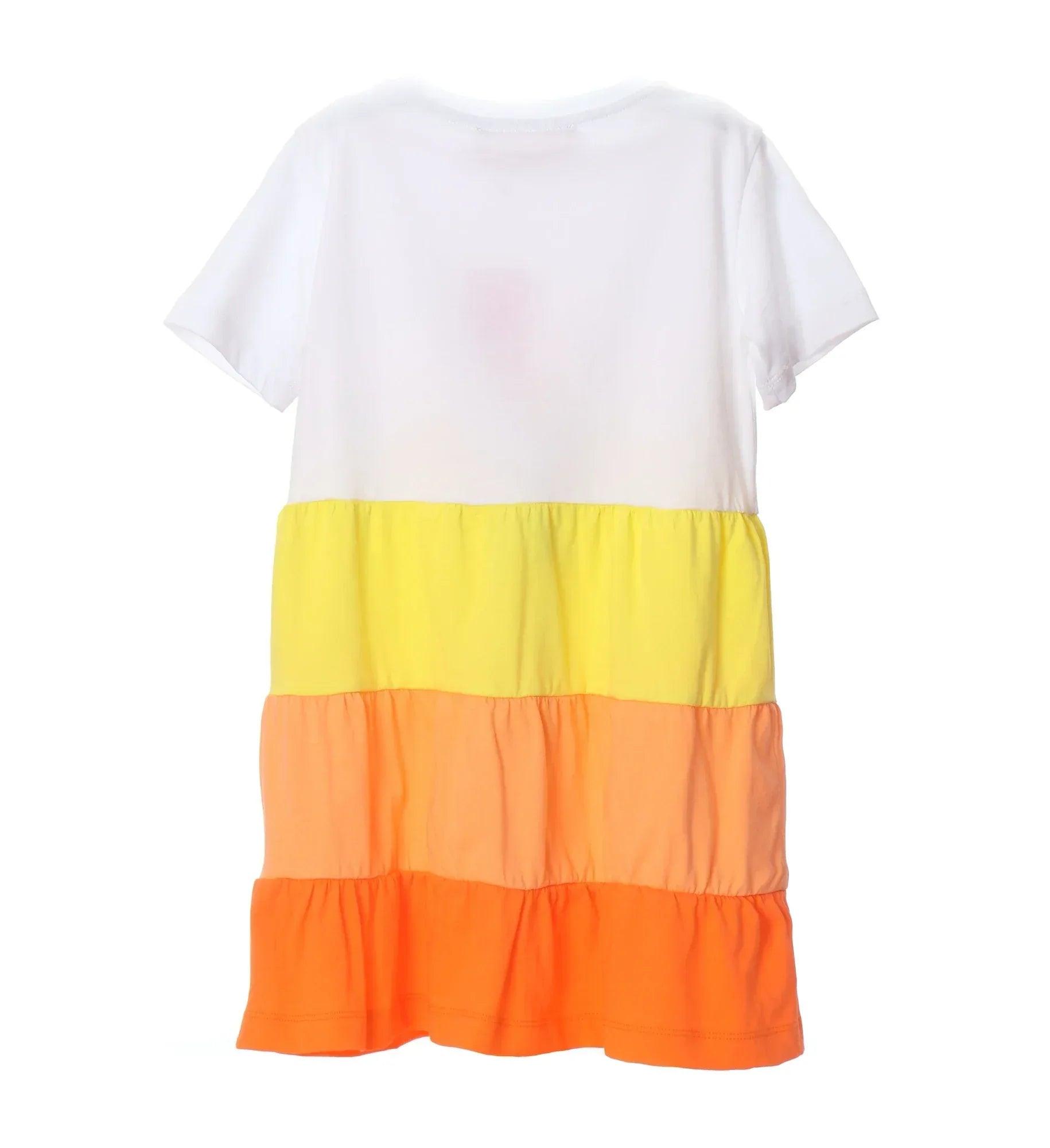 Vestido infantil blanco, amarillo y naranja con tiras fruncidas y falda acampanada