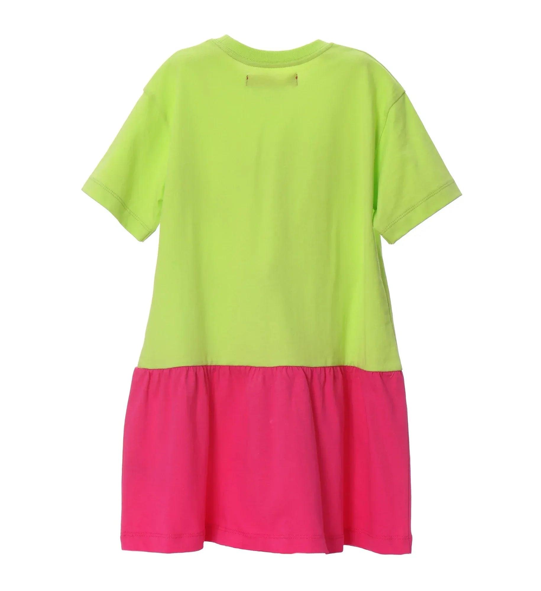 Vestido tulipanes con falda fucsia, parte superior verde lima sin estampado