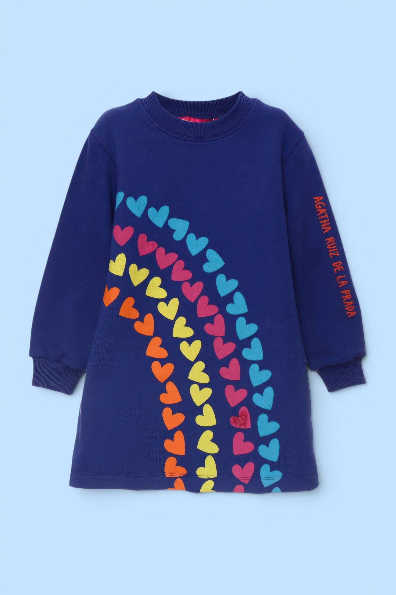 BLUE DRESS WITH RAINBOW AND COLORFUL HEARTS