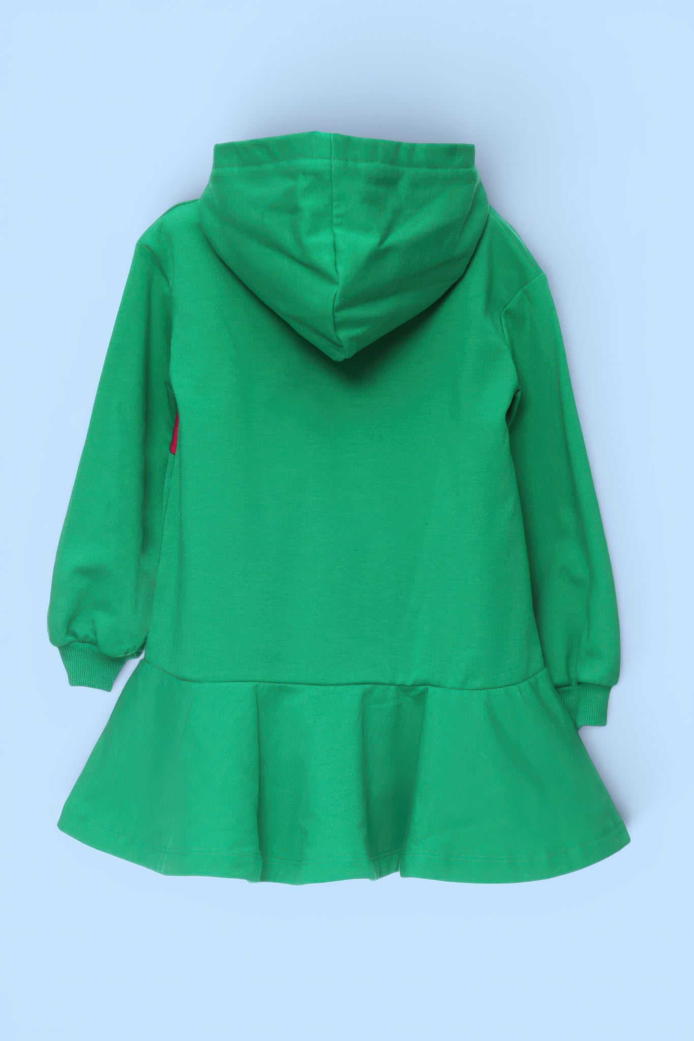 VESTIDO VERDE CAPUCHA 2 CORAZONES FUCSIA