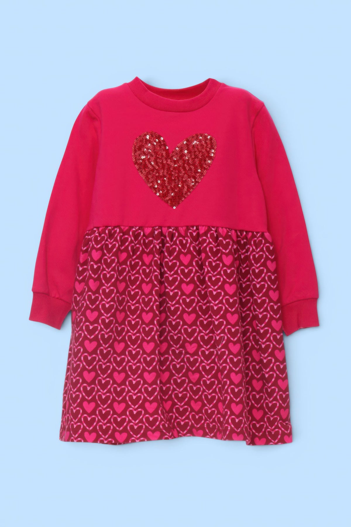 VESTIDO FUCSIA COMBINADO CORAZON FALDA ESTAMPADO
