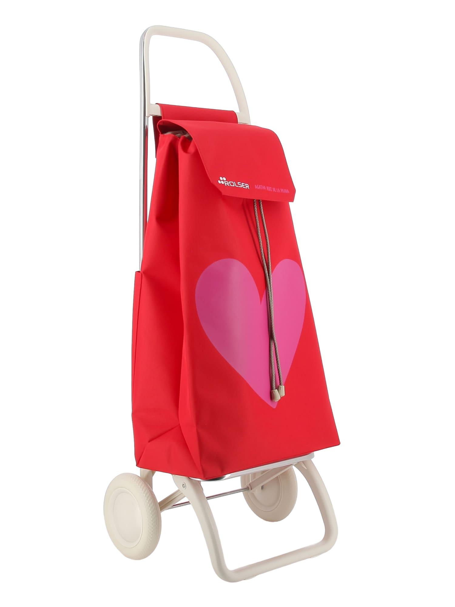 Carro no plegable rojo con forma de corazón, asa alta y 2 ruedas, bolsillos con cordón