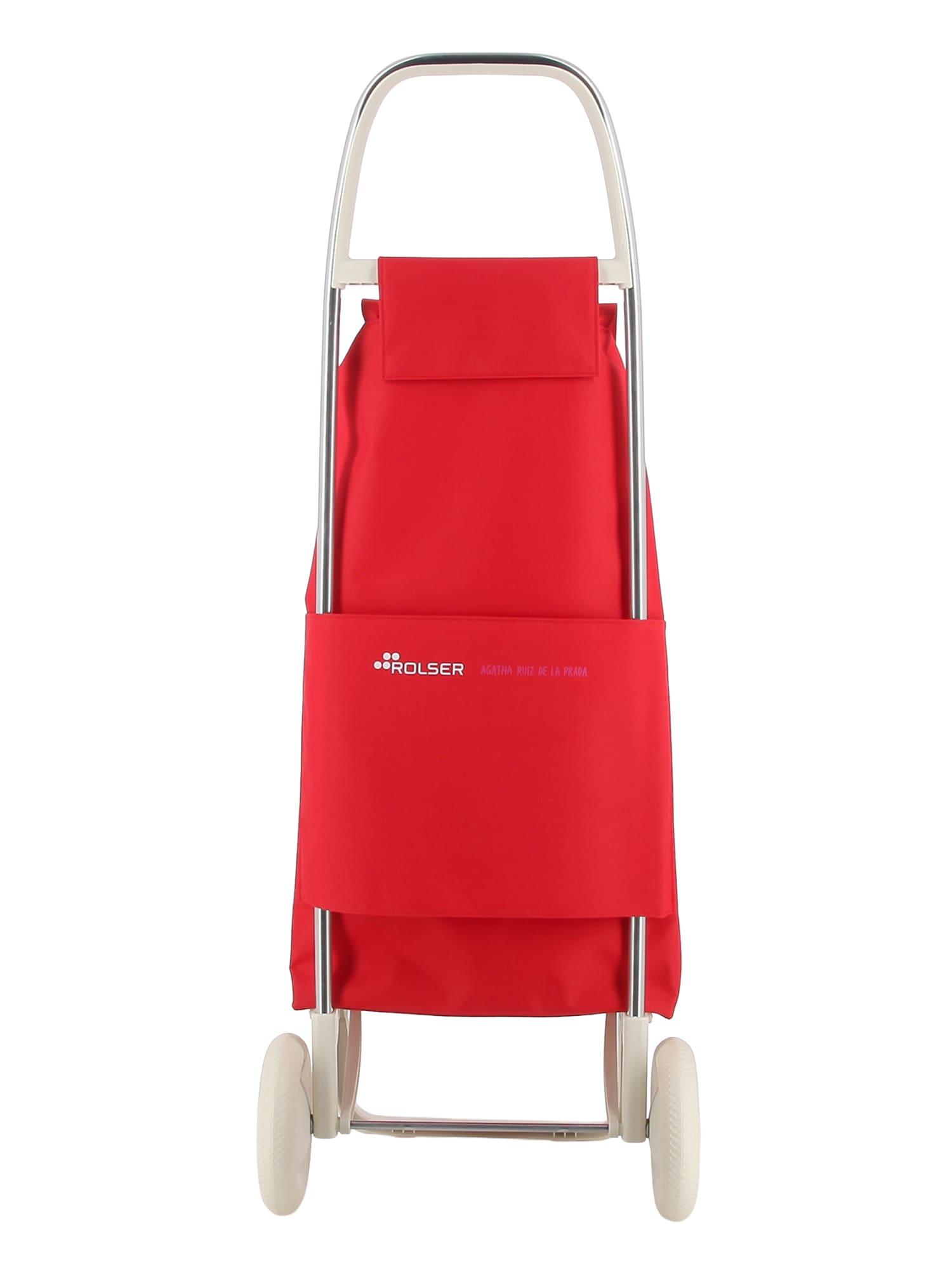 Carrito rojo con dos ruedas, asa blanca y bolsa frontal con bolsillo