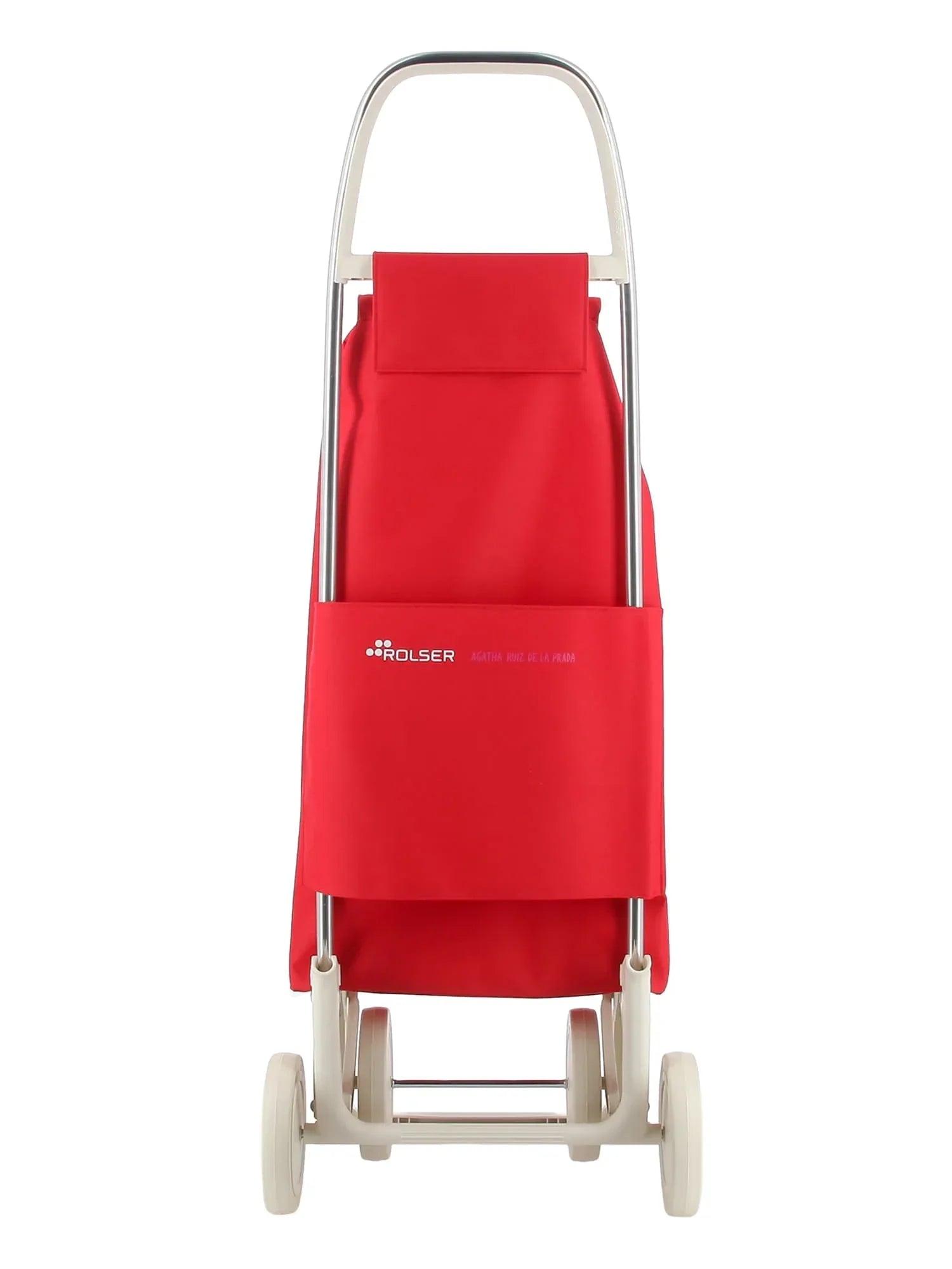 Carro de 4 ruedas rojo con asa, funda y soporte metálico, ruedas delanteras