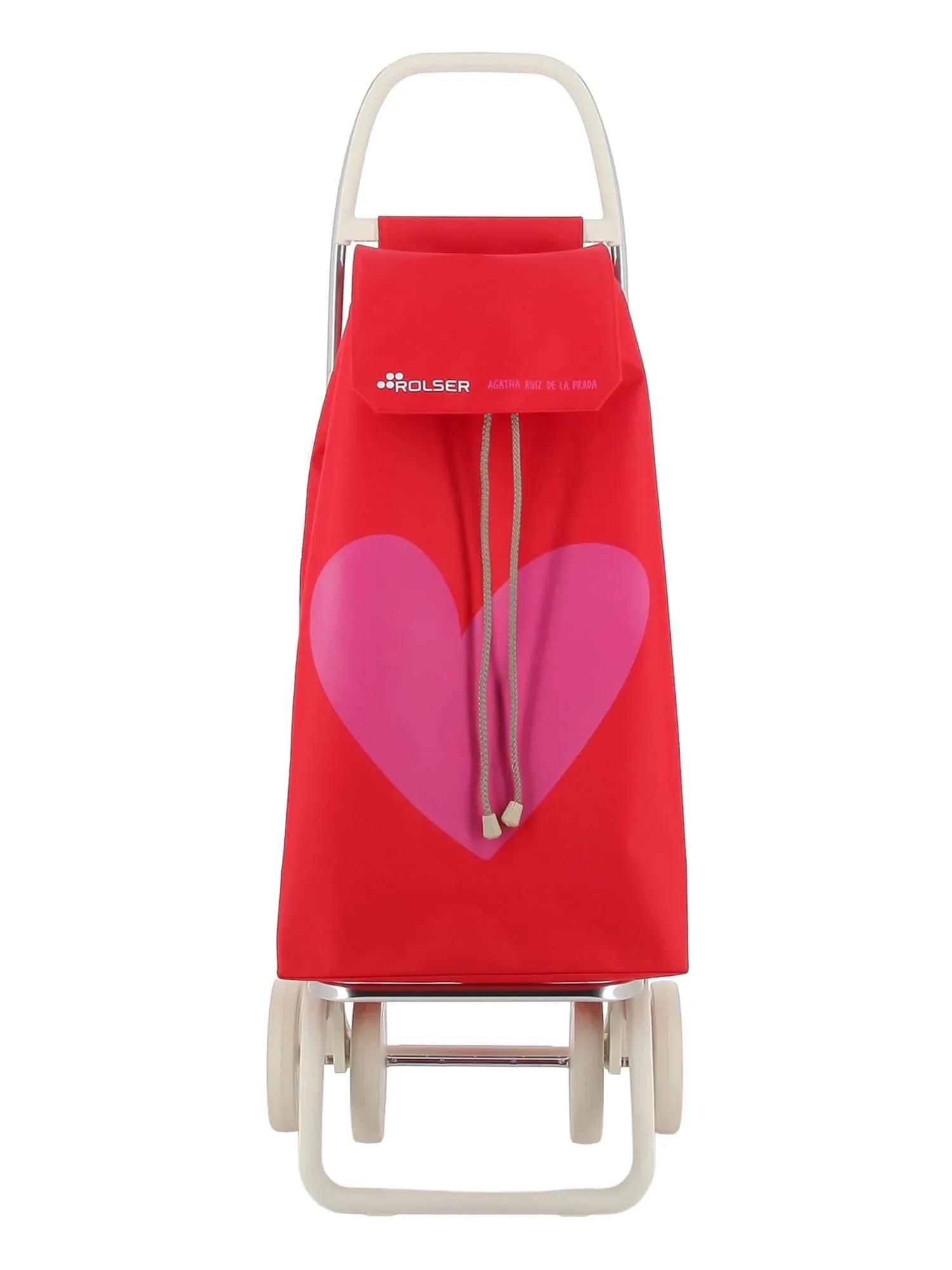Carro de 4 ruedas rojo con asa blanca, diseño de corazones morados y cordón ROLser