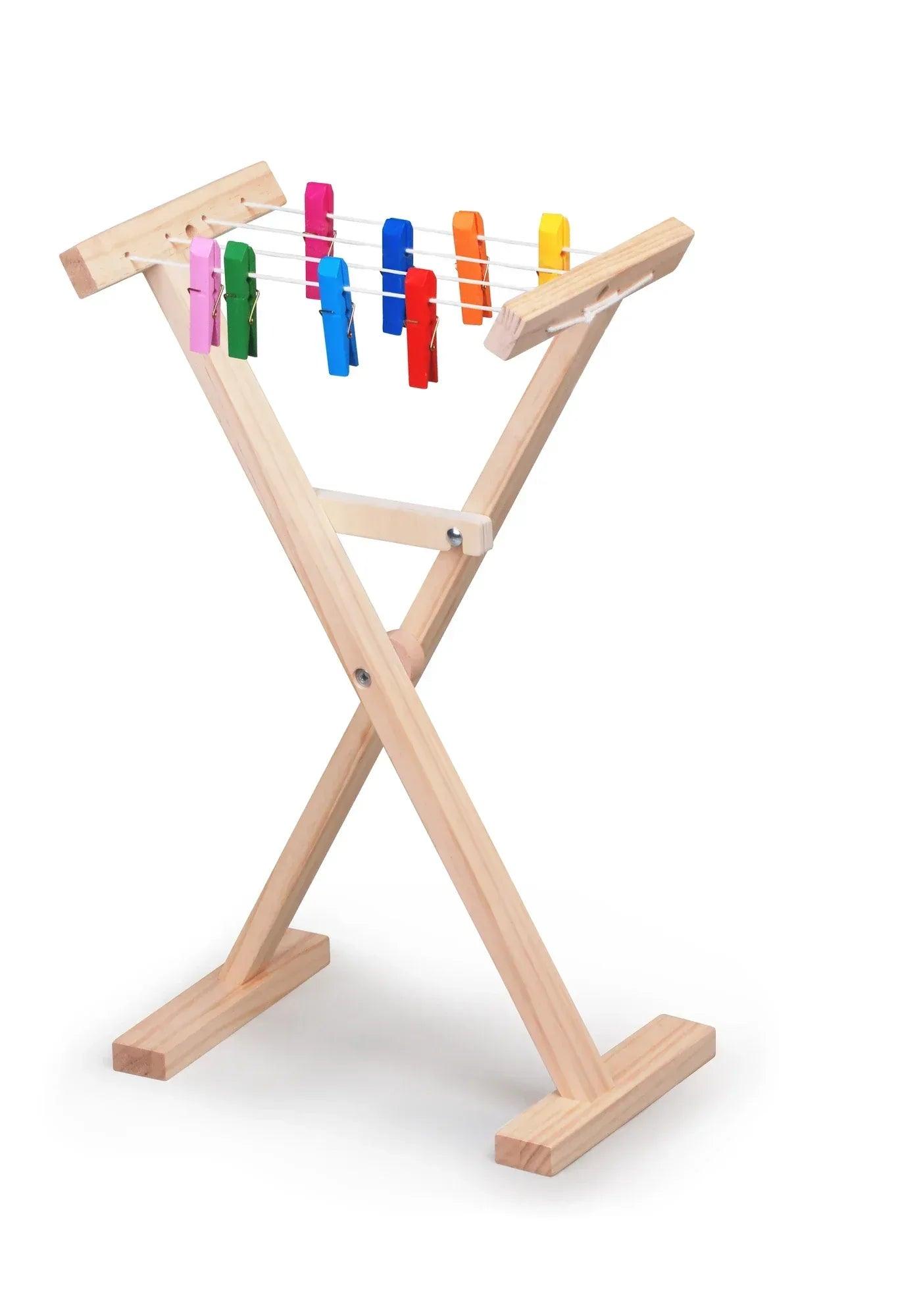 Tendedero infantil de madera plegable con pinzas de colores en la cuerda