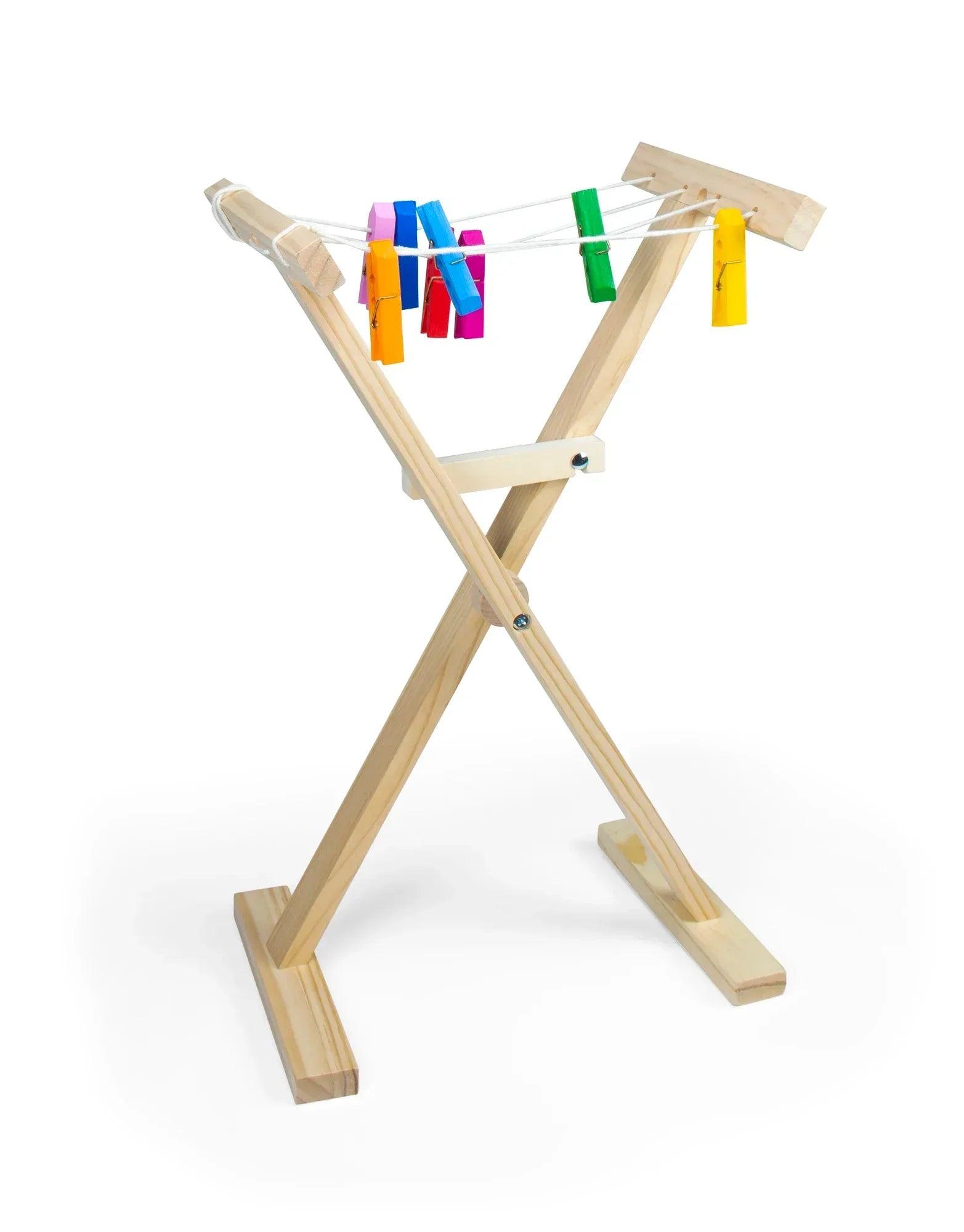 Tendedero infantil de madera plegable con cuerda y pinzas de ropa de colores
