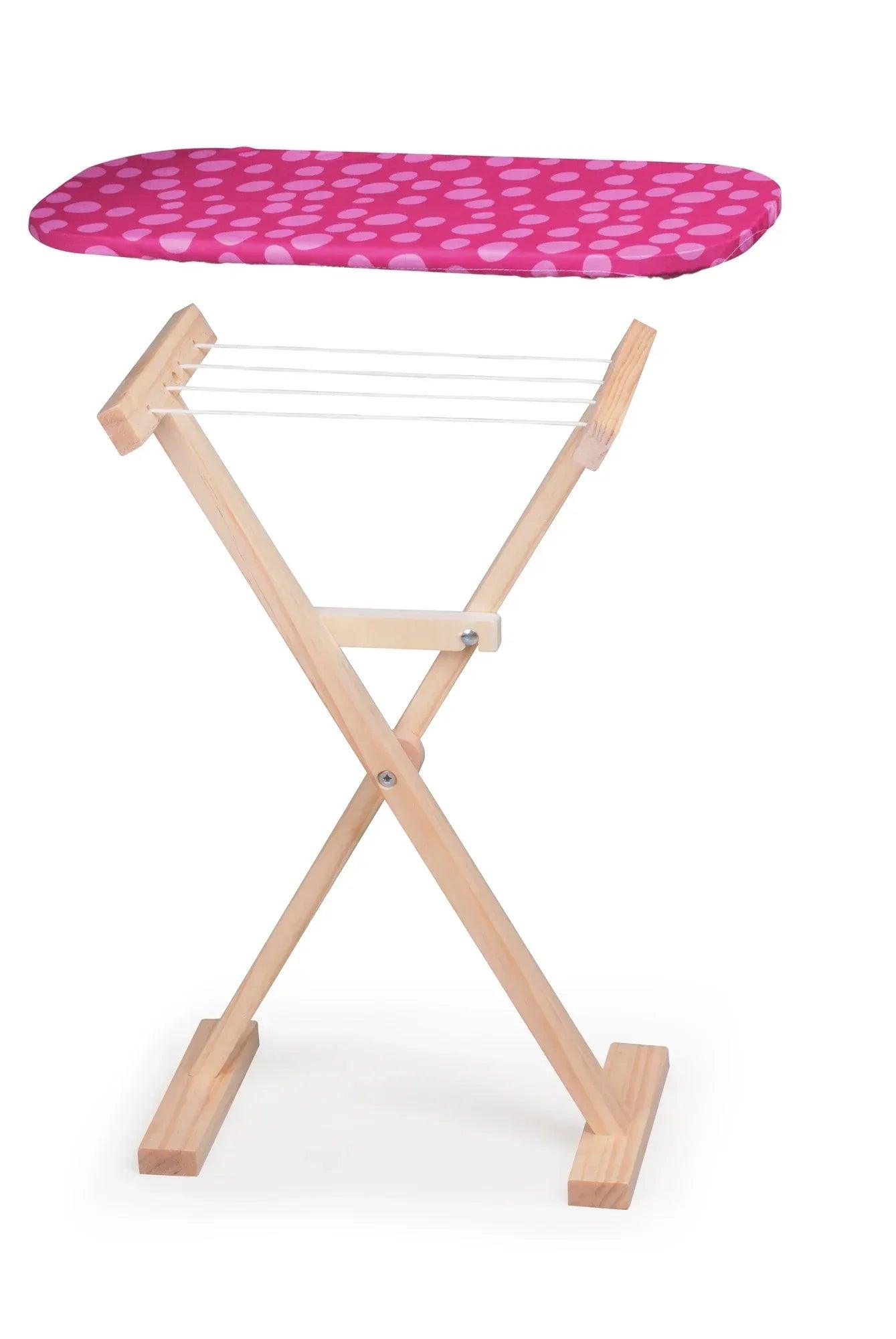 Tendedero infantil de madera plegable con base triangular y tablero superior rosa de lunares