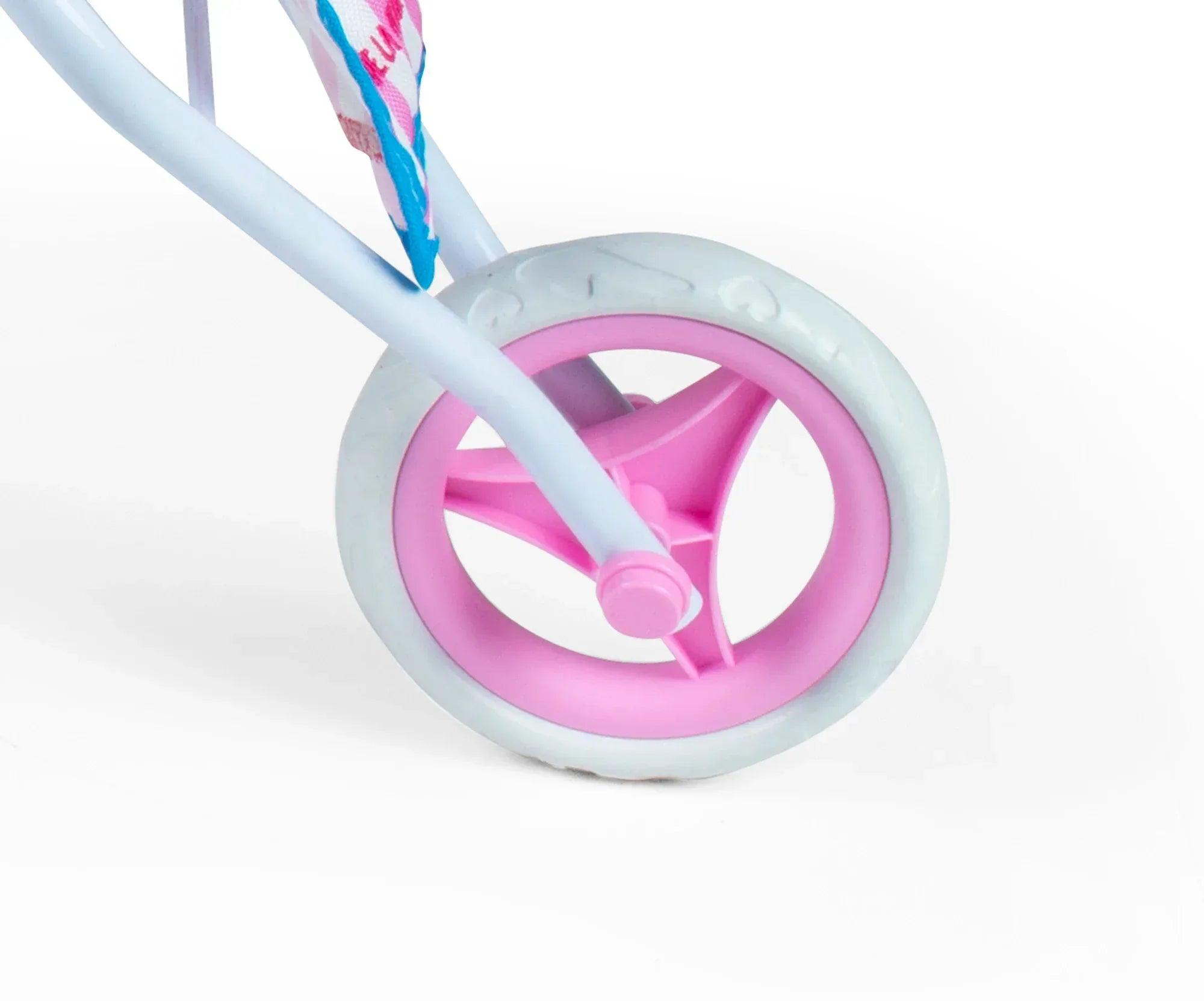 Rueda delantera del carrito de muñecas, aro rosa y llanta clara con soporte azul