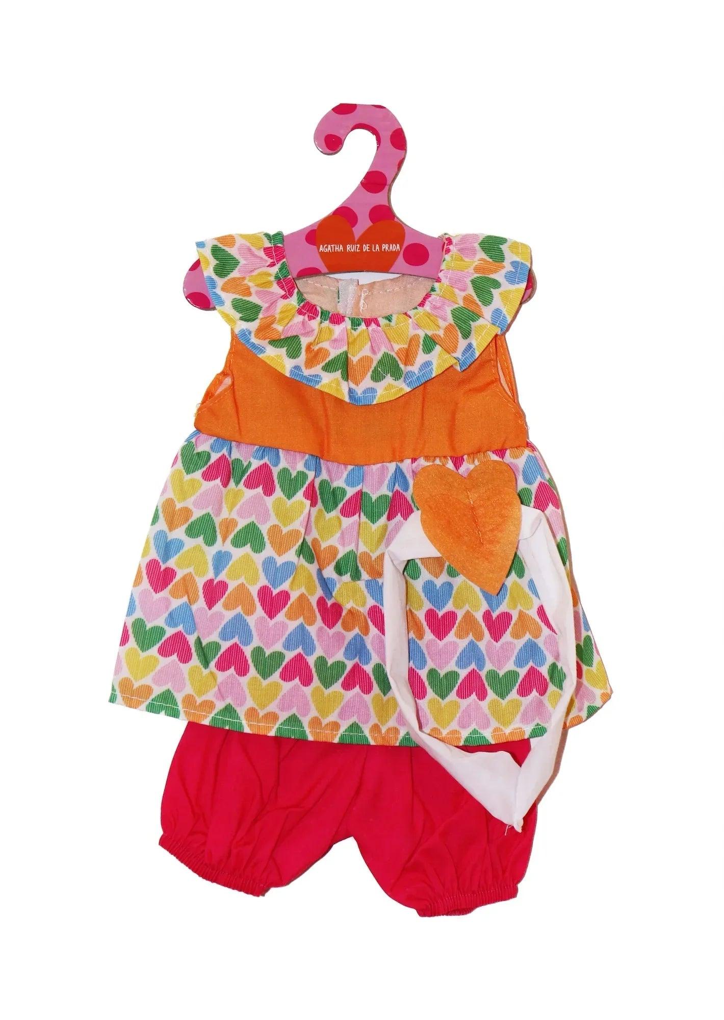 Vestido de muñeca multicolor con corazones y falda naranja, con peto y braguitas rojas
