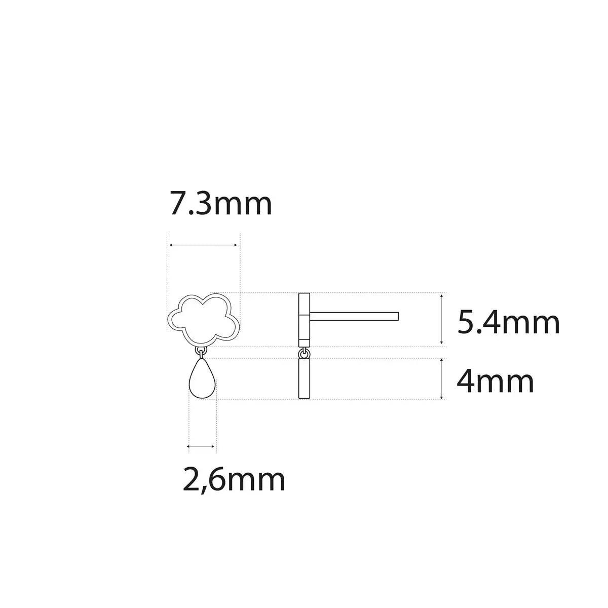 Pendientes de nube y gota, vista con medidas 7,3 mm, 5,4 mm y 4 mm