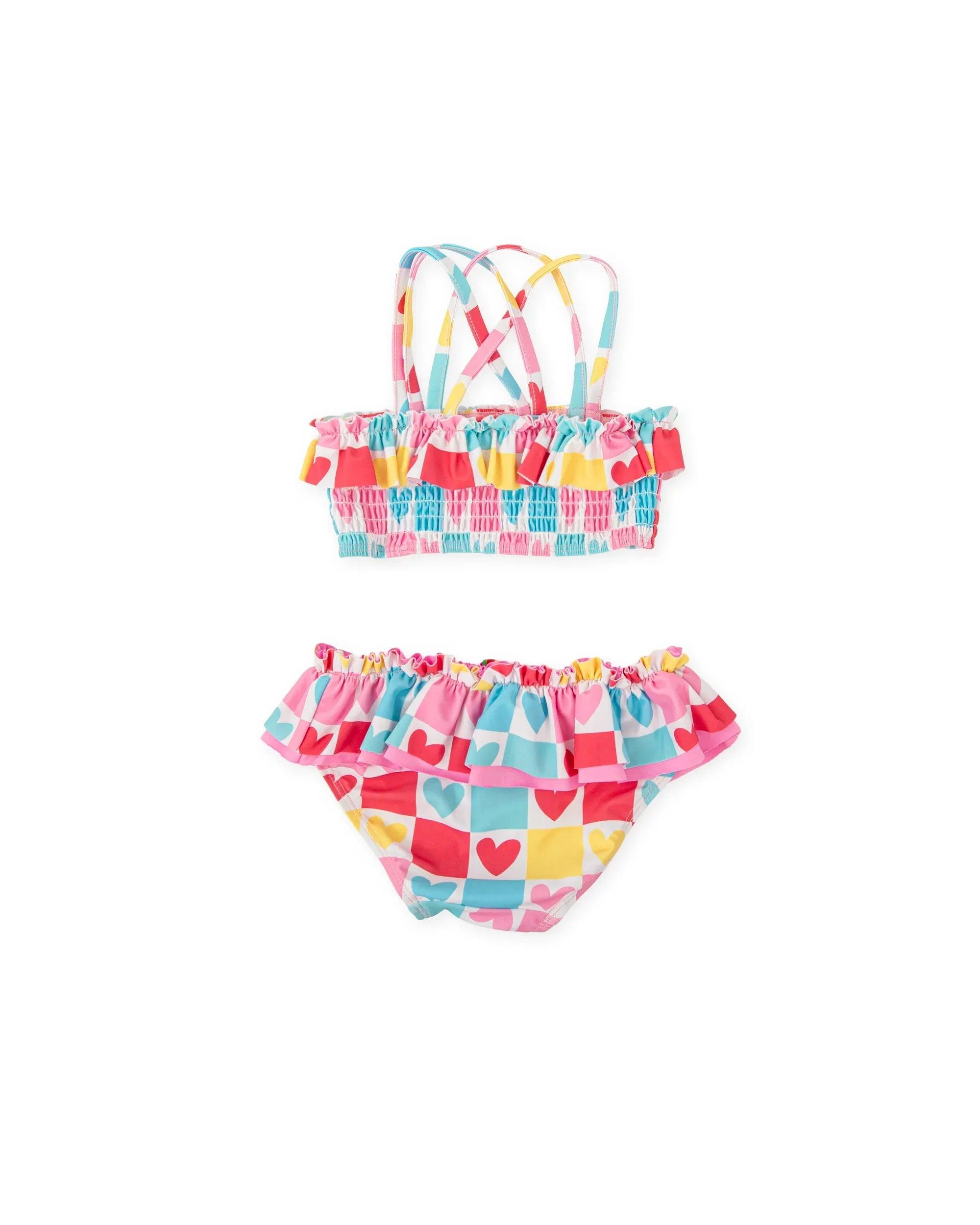 Bikini de licra con top bandeau cruzado y braguita con corazones multicolor