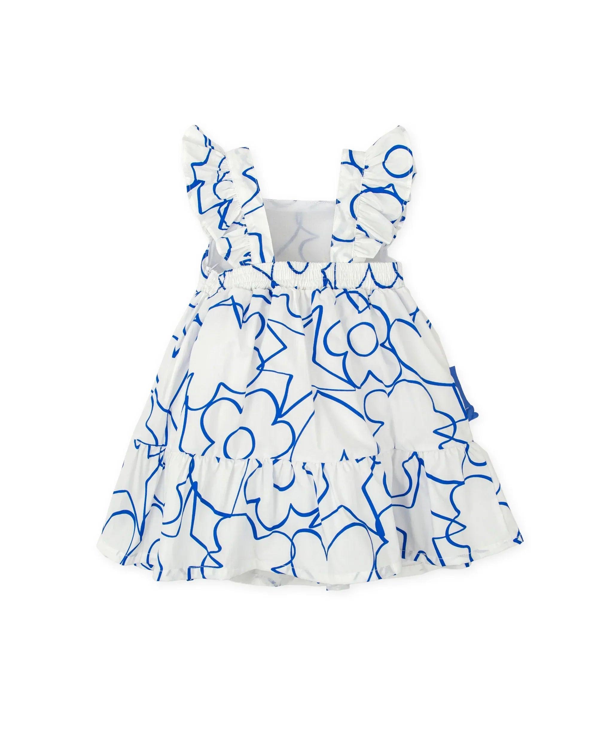 Vestido de tirantes con estampado de iconos azules y falda amplia