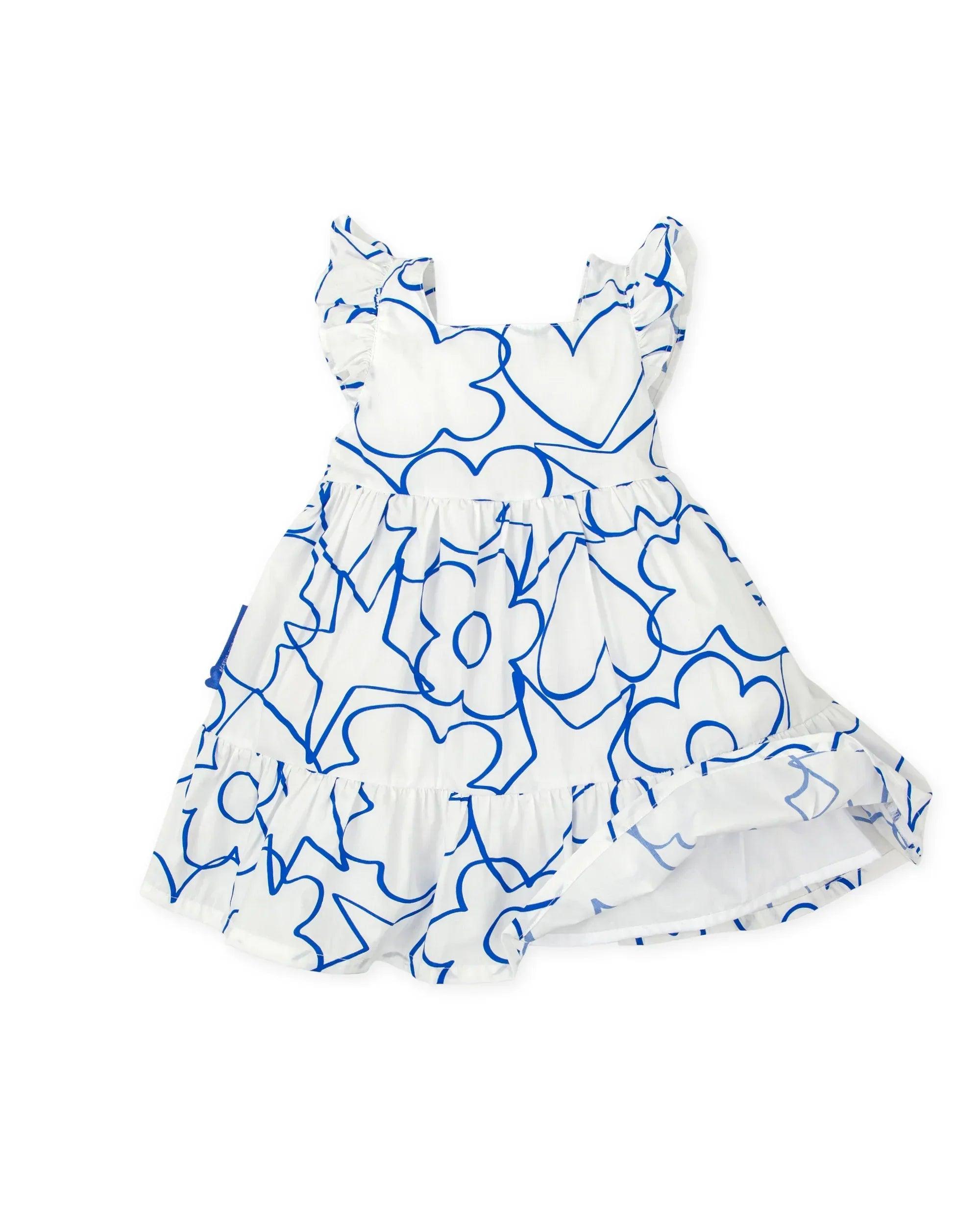 Vestido de tirantes con iconos azules en popelín satinado, falda acampanada