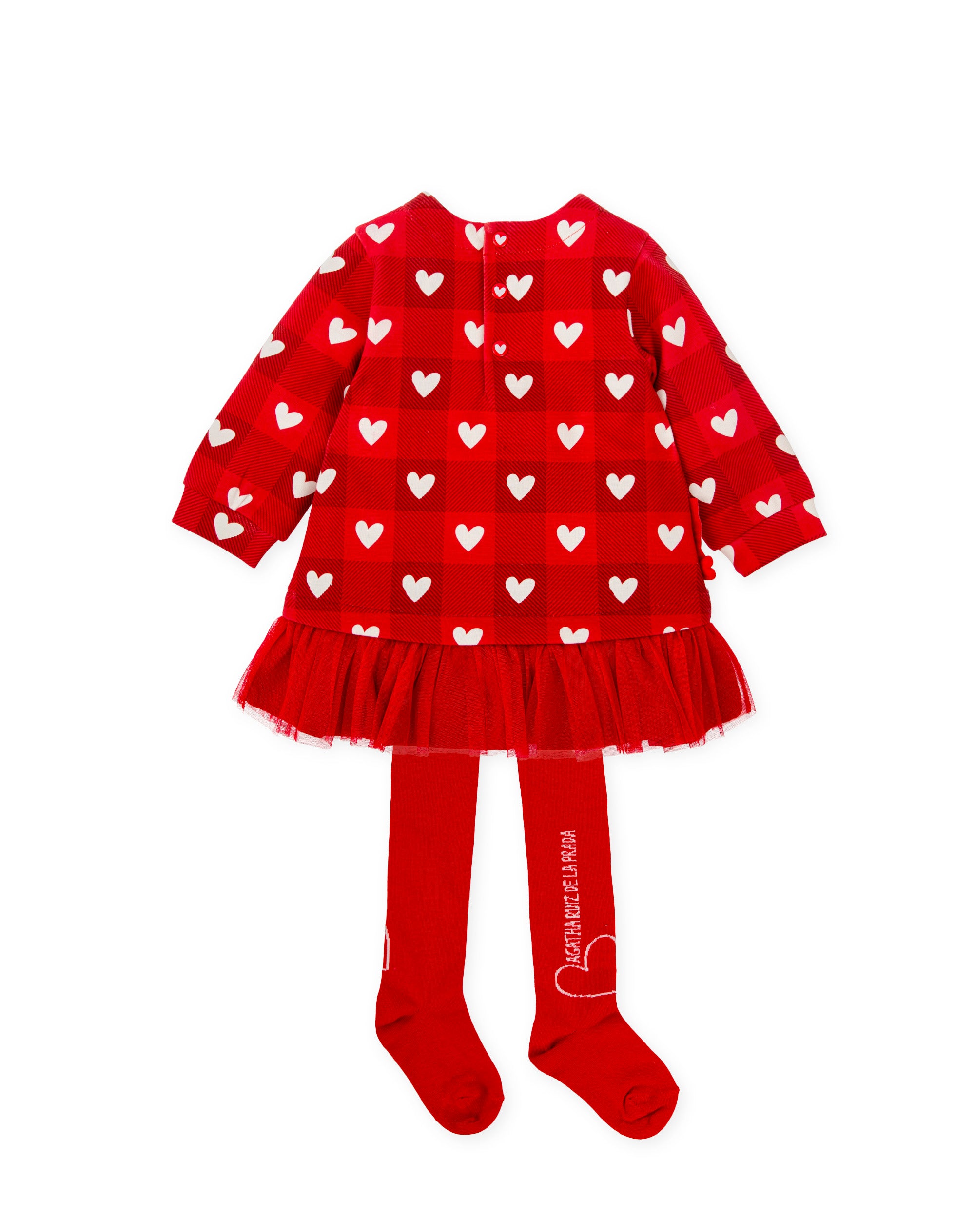 VESTIDO CUADROS CORAZONES ROJO CON LEOTARDOS