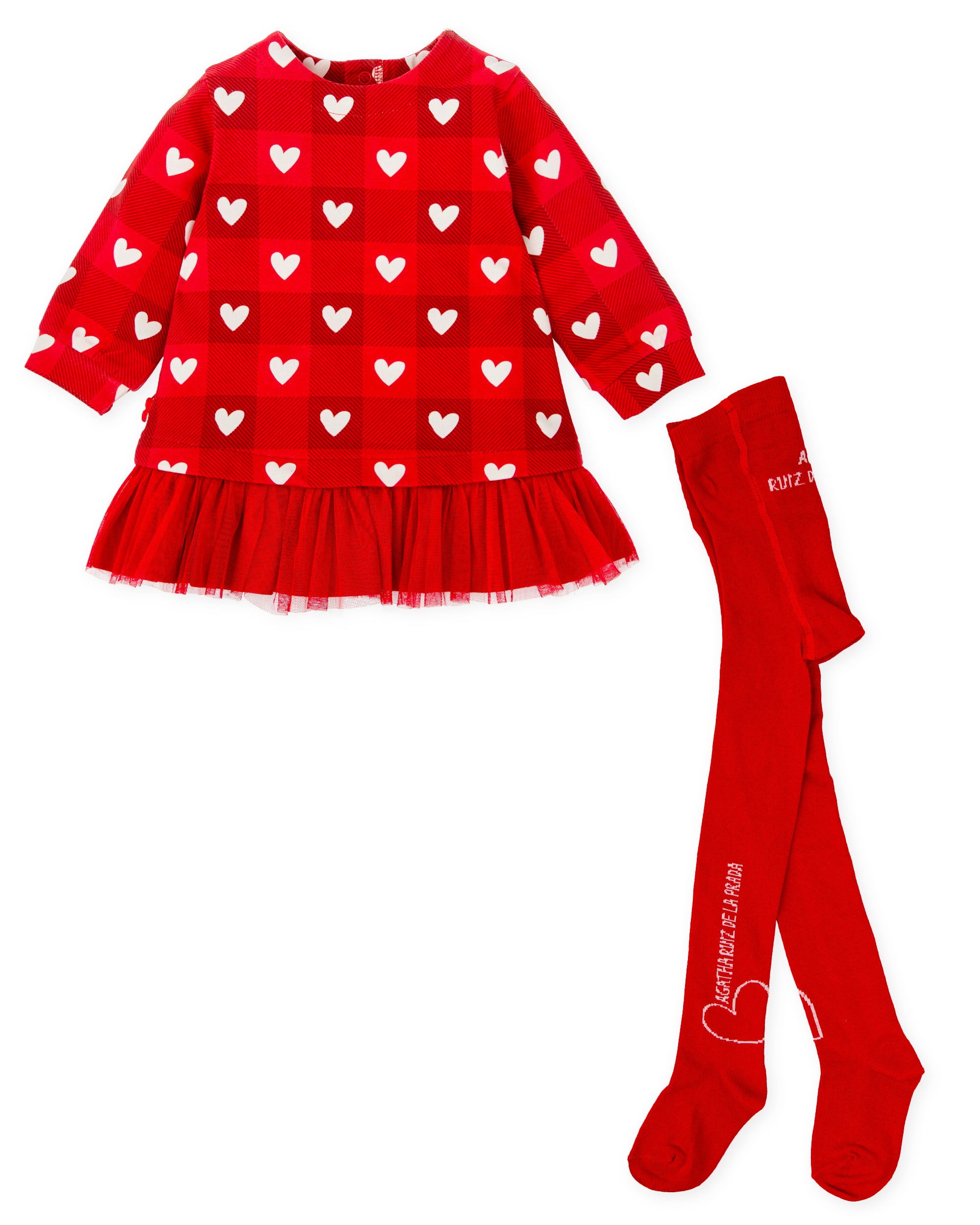VESTIDO CUADROS CORAZONES ROJO CON LEOTARDOS