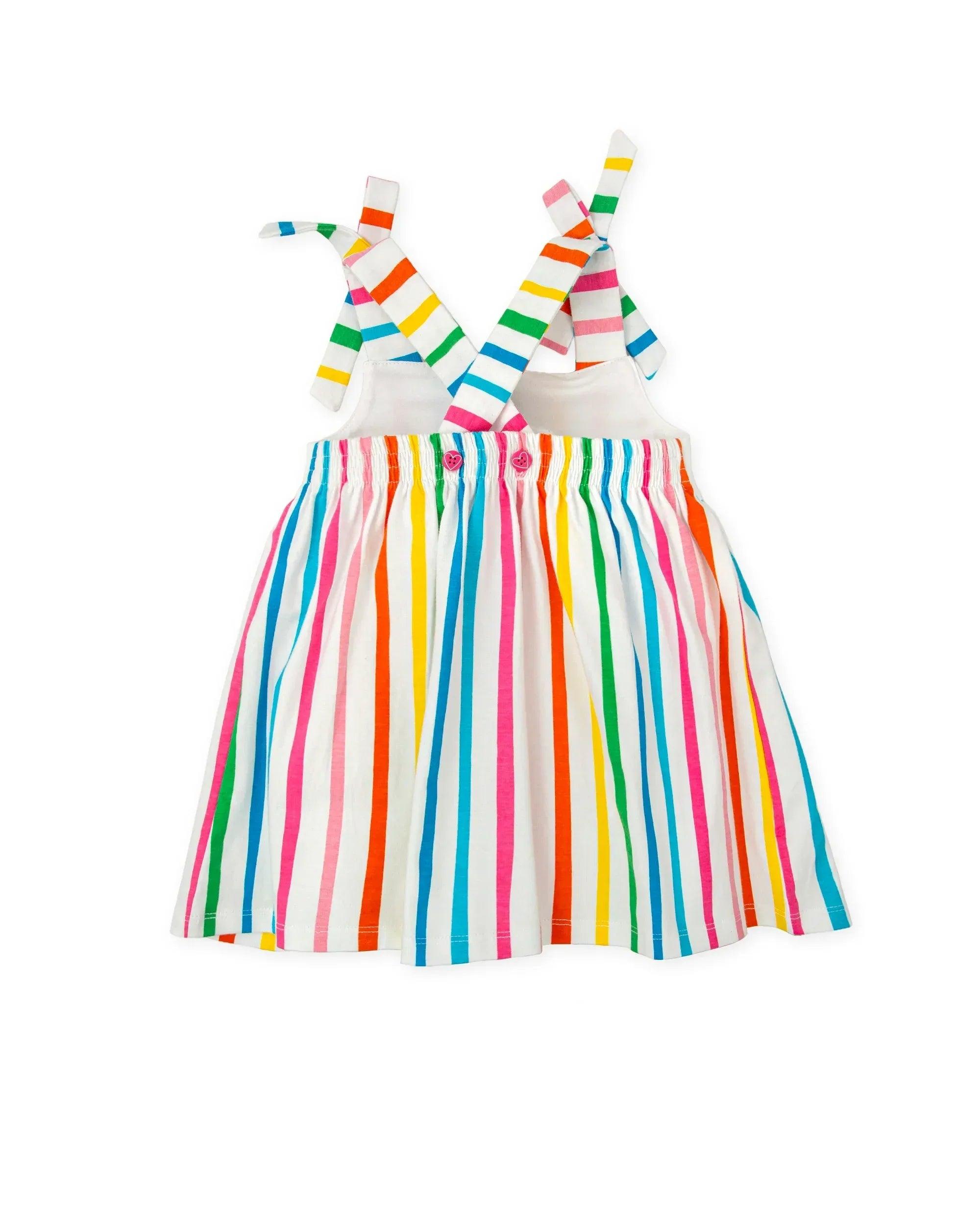 Vestido de tirantes con rayas verticales multicolor y falda acampanada