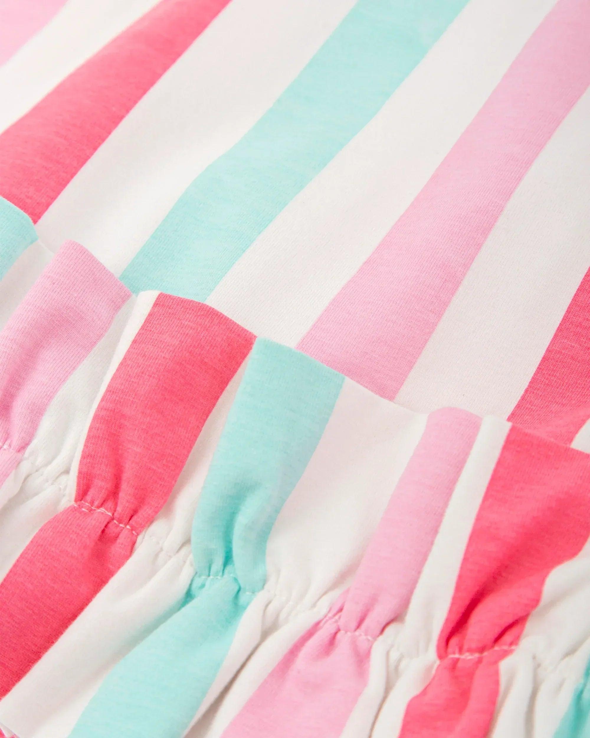 Vestido sin mangas con frunces en el bajo y rayas rosa, turquesa y blancas