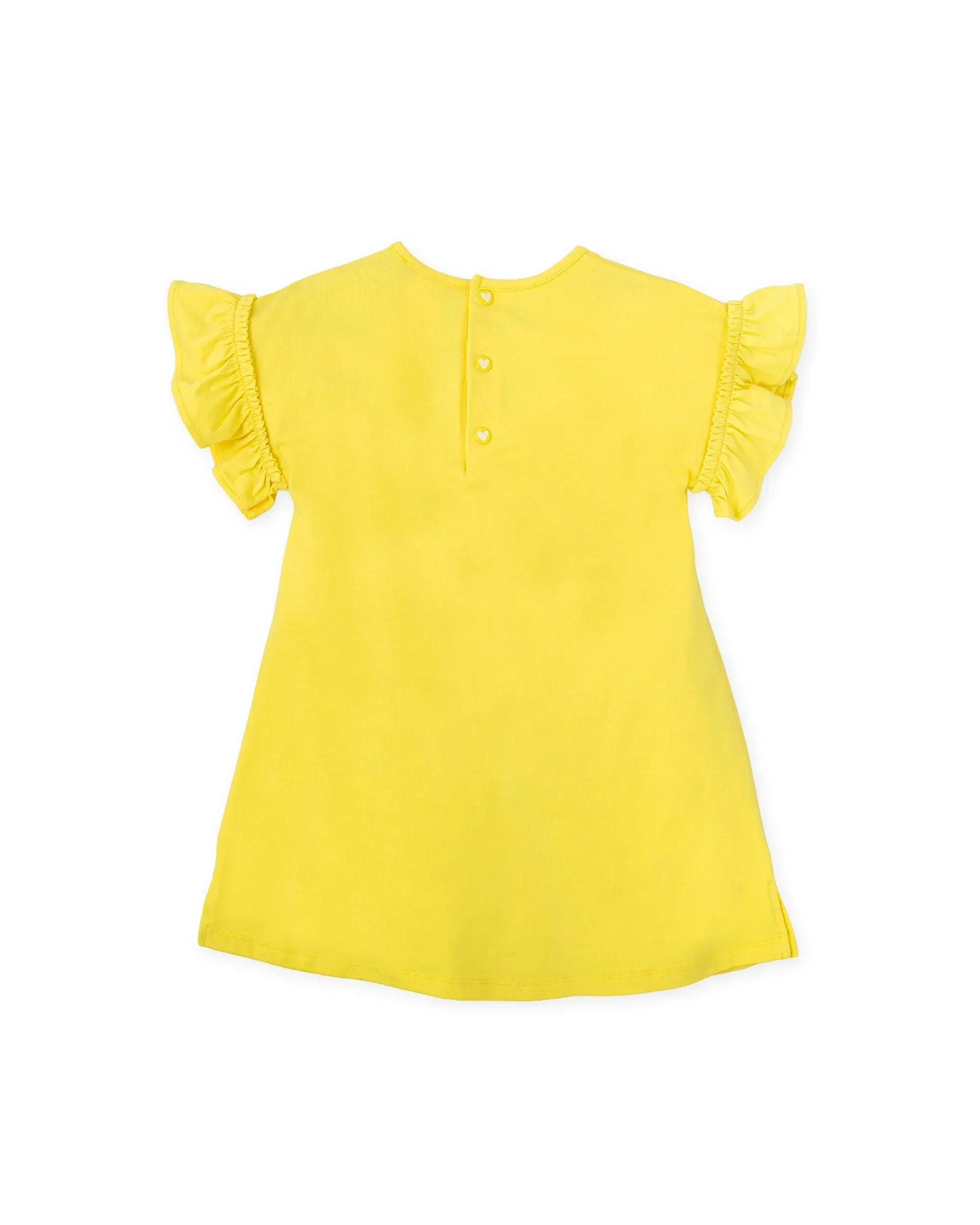 Vestido amarillo con botones al centro y mangas cortas con volantes