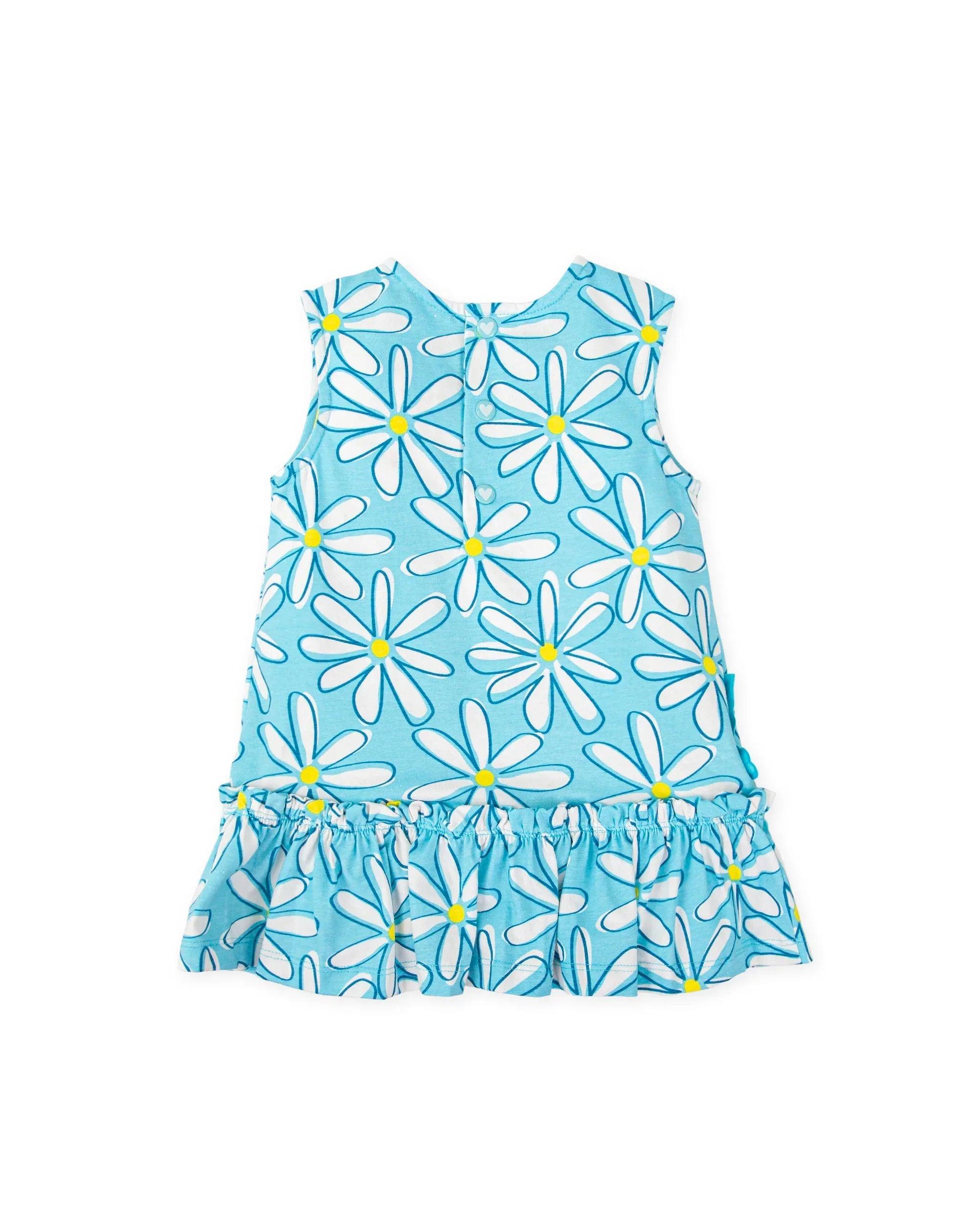 Vestido sin mangas azul con tirantes y estampado de margaritas; falda con volantes