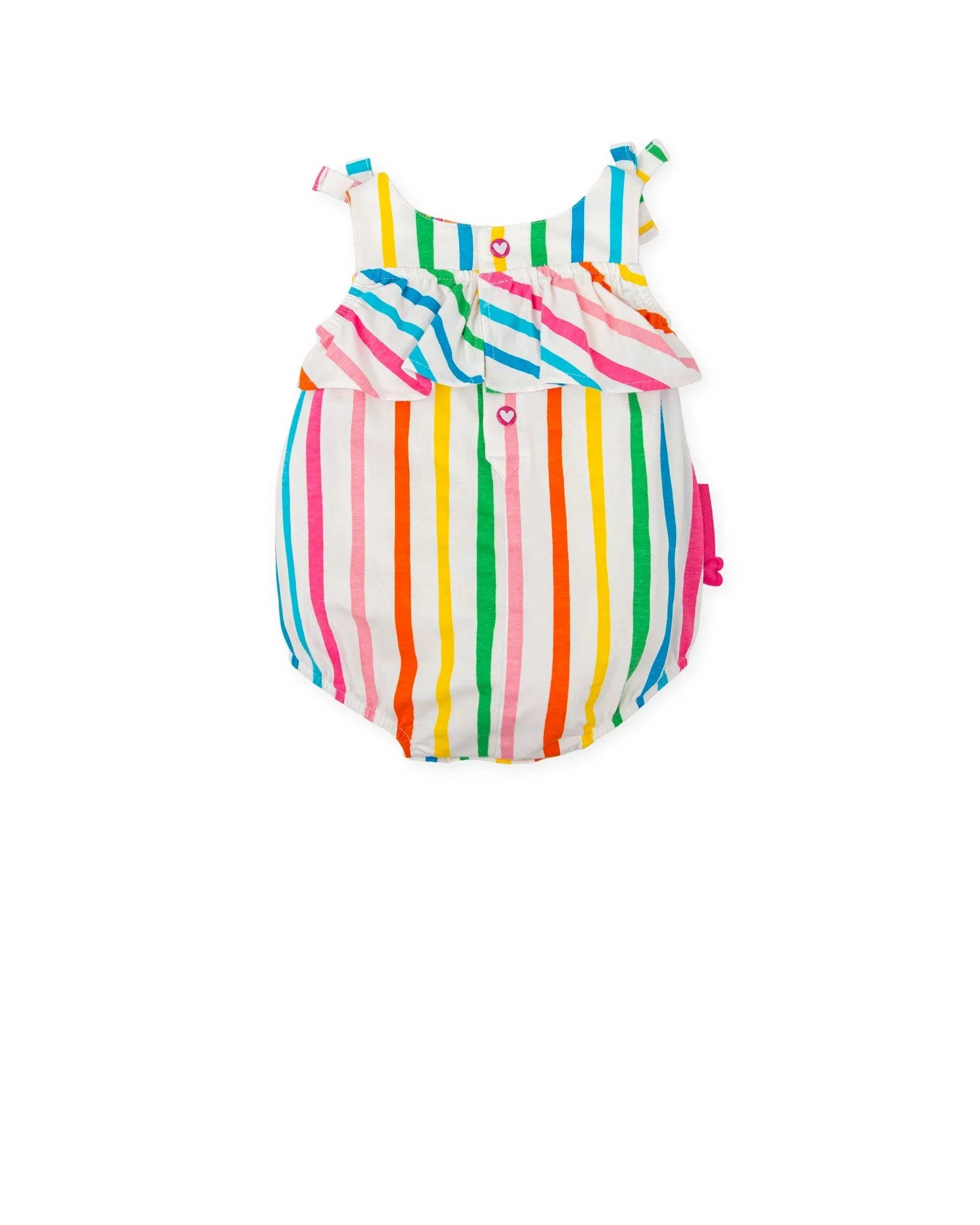 Pelele sin mangas de rayas verticales multicolor con volante y corazones