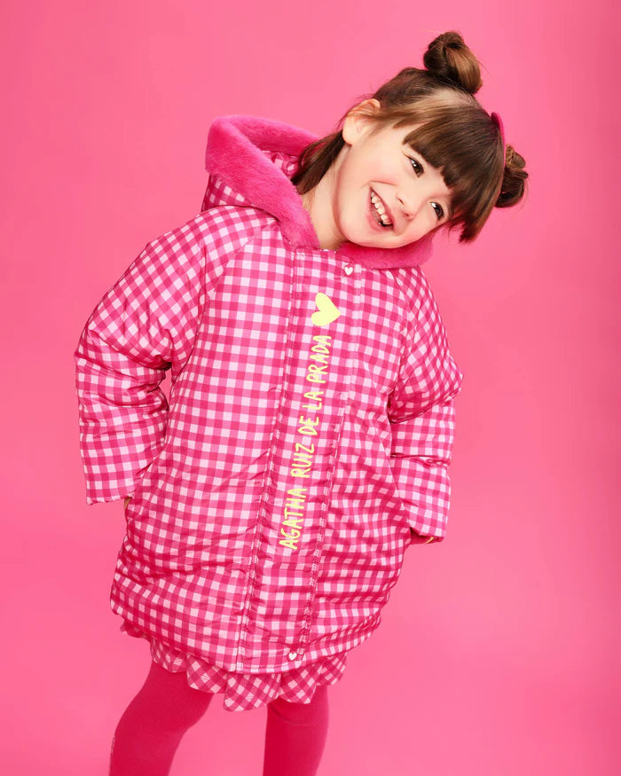 Parka cappotto con cappuccio a quadri fucsia