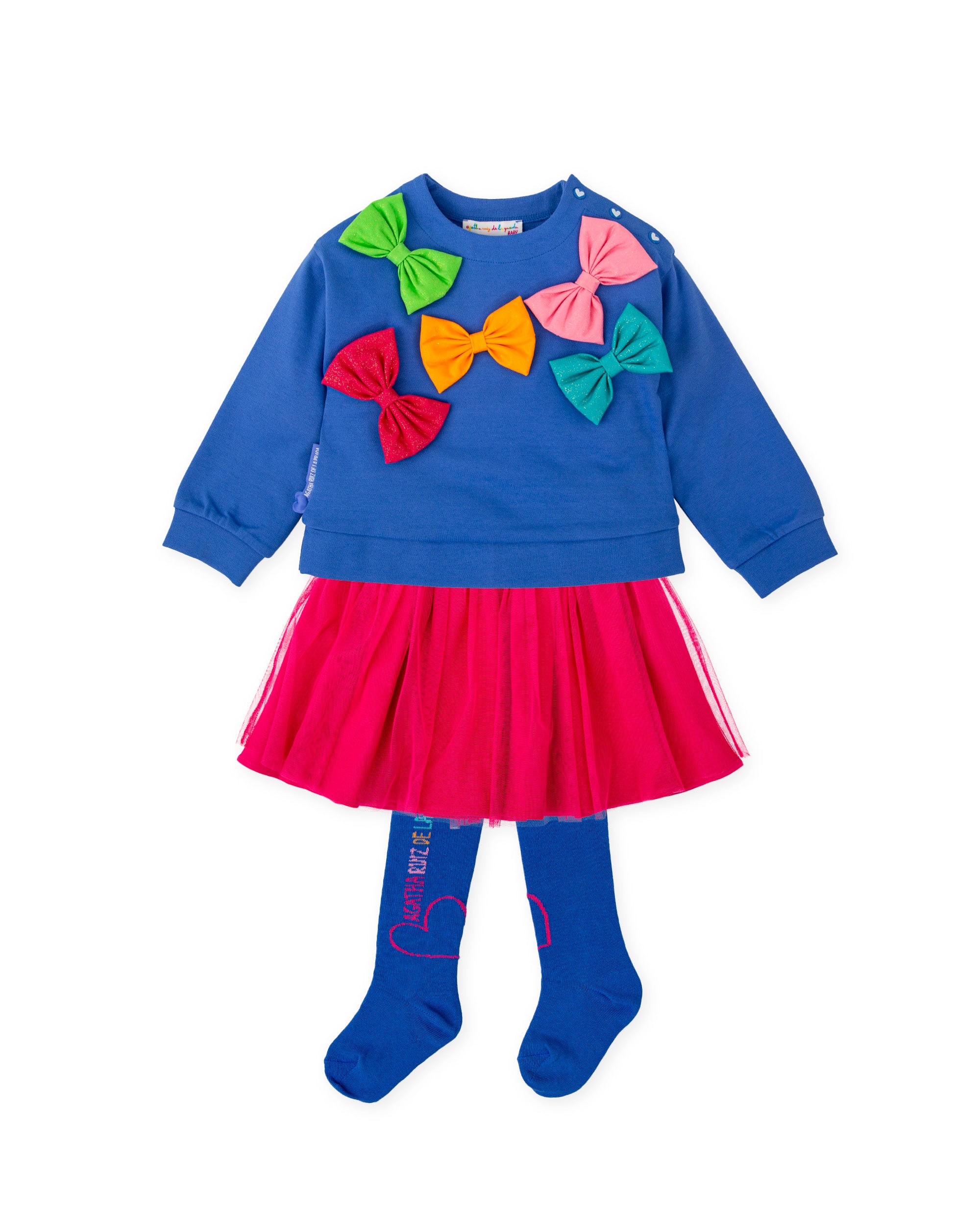 Ensemble sweat à capuche lacets bleu électrique et jupe fuchsia avec collants