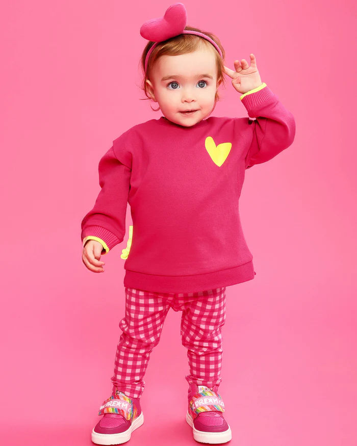 Ensemble sweat-shirt cœur fluo et leggings à carreaux fuchsia