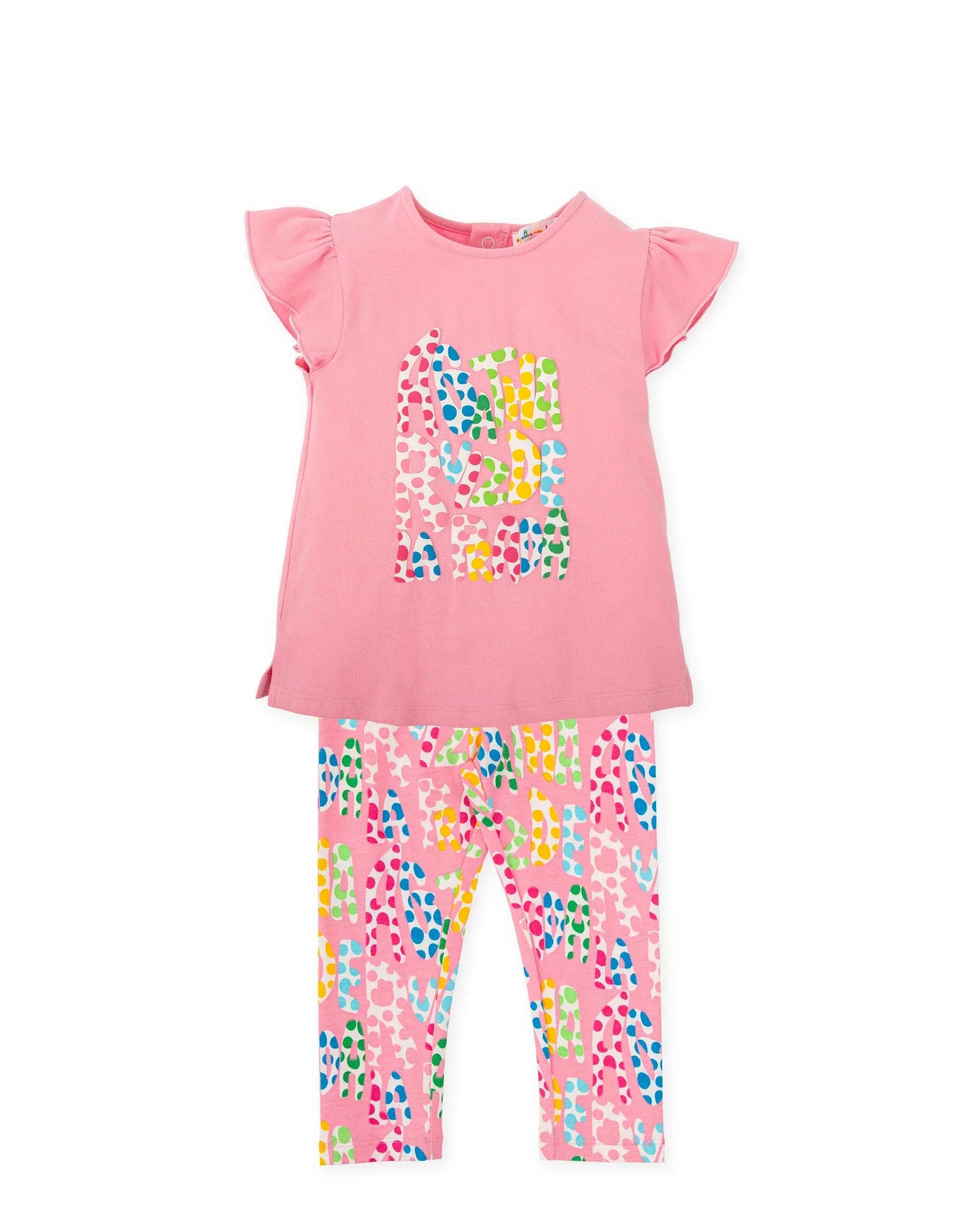 Conjunto de camiseta rosa con estampado multicolor y leggings estampados