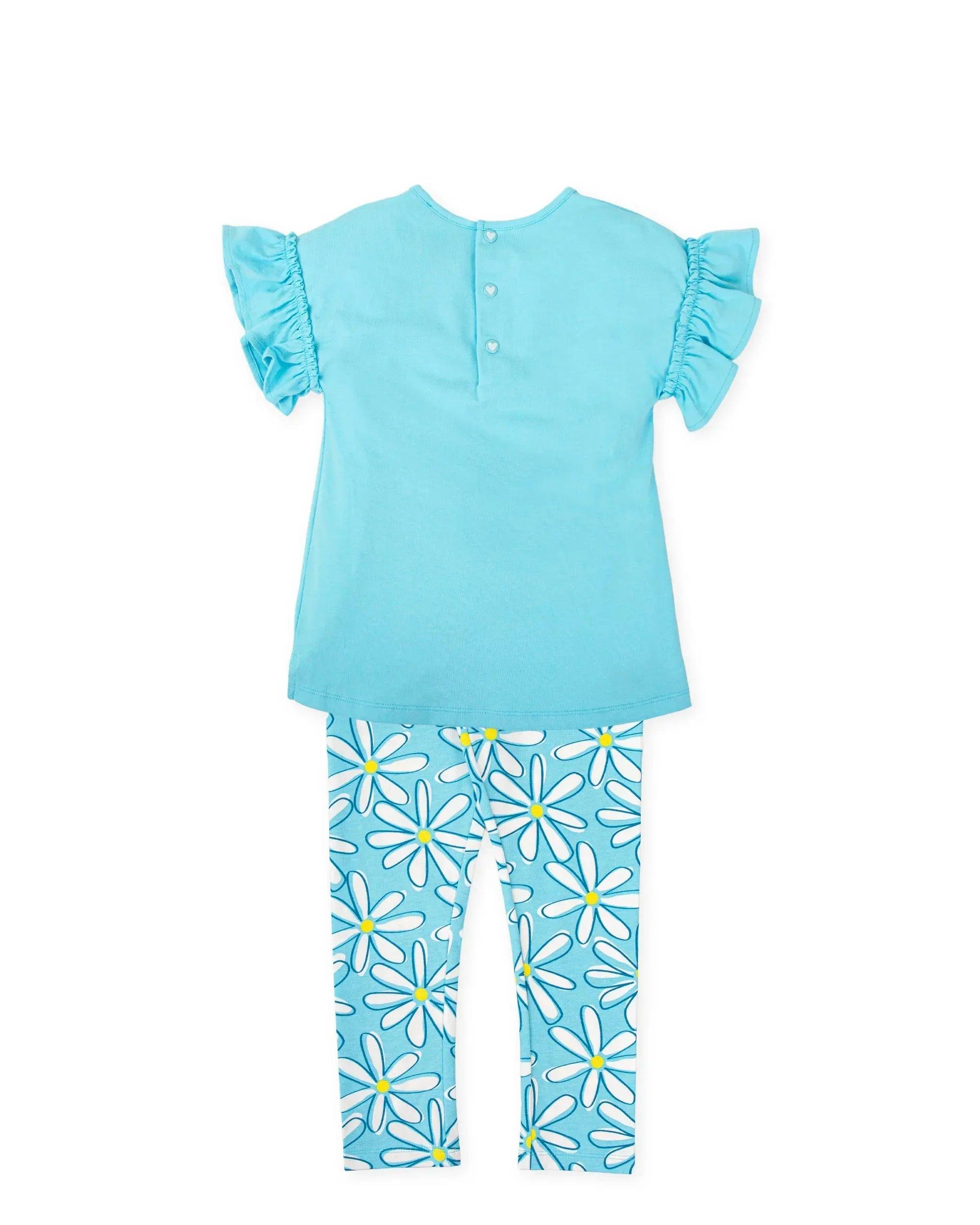 Conjunto infantil de camiseta turquesa con botones y leggings estampados de margaritas